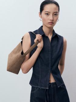 Mango Maria Cotton Blend Sleeveless Collar Blouse, Dark Blue