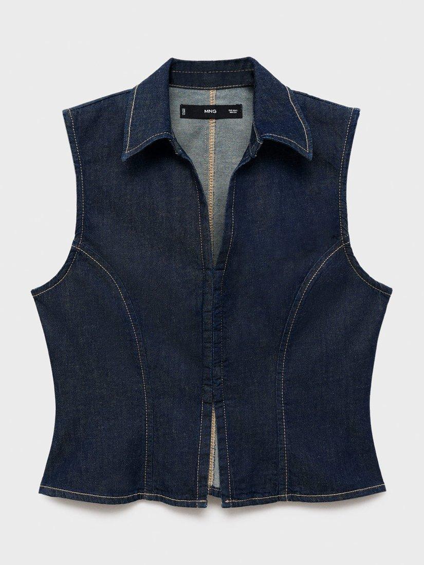 Product image 3 of 8, which shows Mango Maria Cotton Blend Sleeveless Collar Blouse, Dark Blue, M
