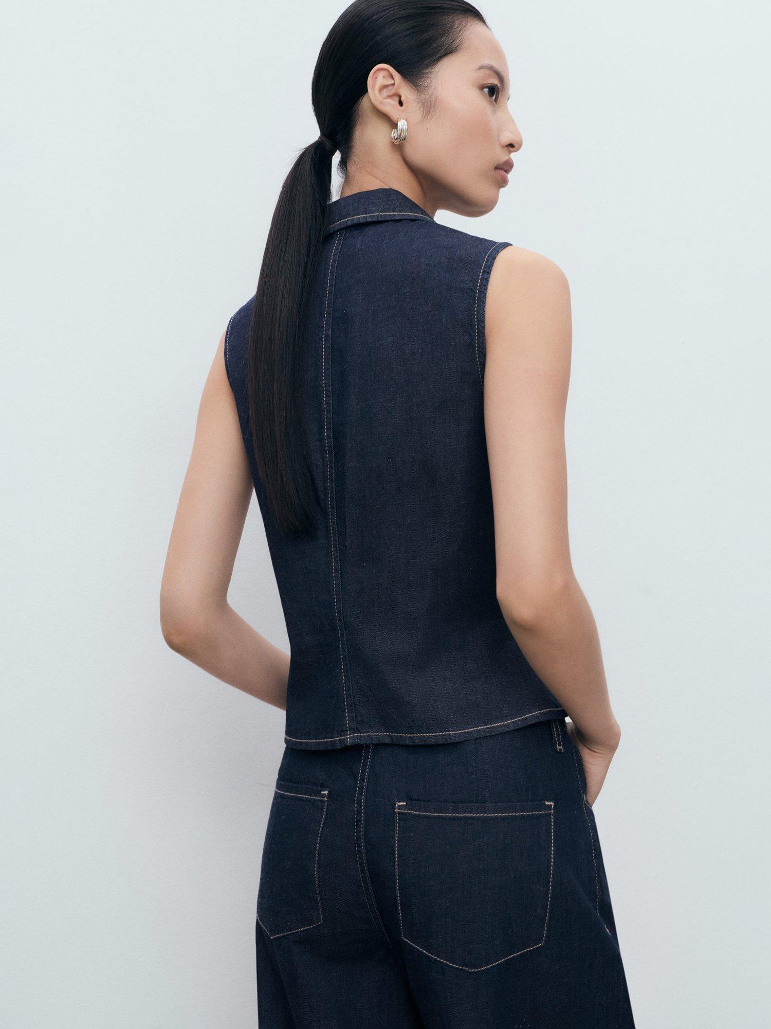 Product image 4 of 8, which shows Mango Maria Cotton Blend Sleeveless Collar Blouse, Dark Blue, M