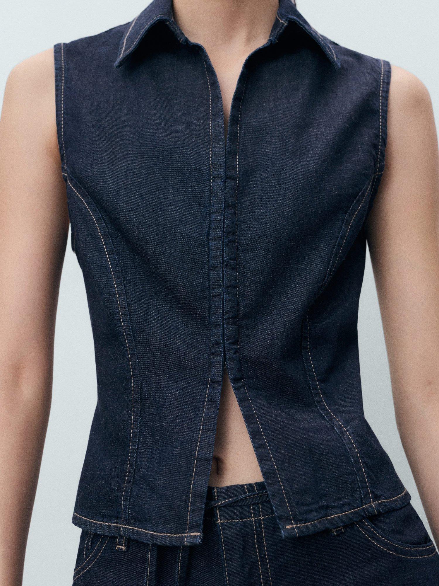 Product image 6 of 8, which shows Mango Maria Cotton Blend Sleeveless Collar Blouse, Dark Blue, M