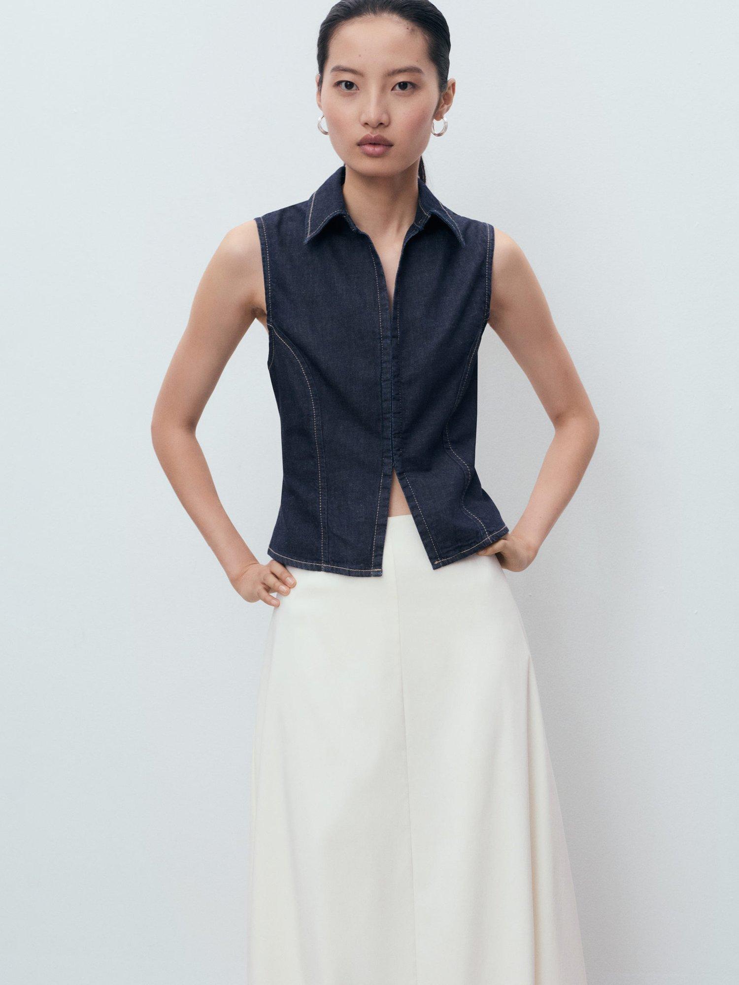 Product image 7 of 8, which shows Mango Maria Cotton Blend Sleeveless Collar Blouse, Dark Blue, M