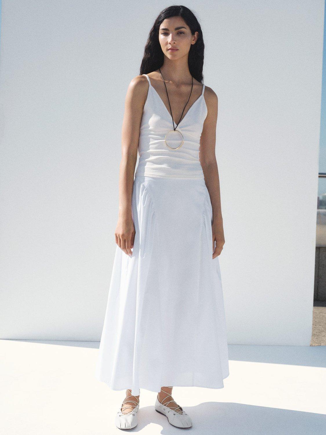 Product image 3 of 6, which shows Mango Mel Cotton Blend Spaghetti Strap V Neck Top, Light Beige, XXS