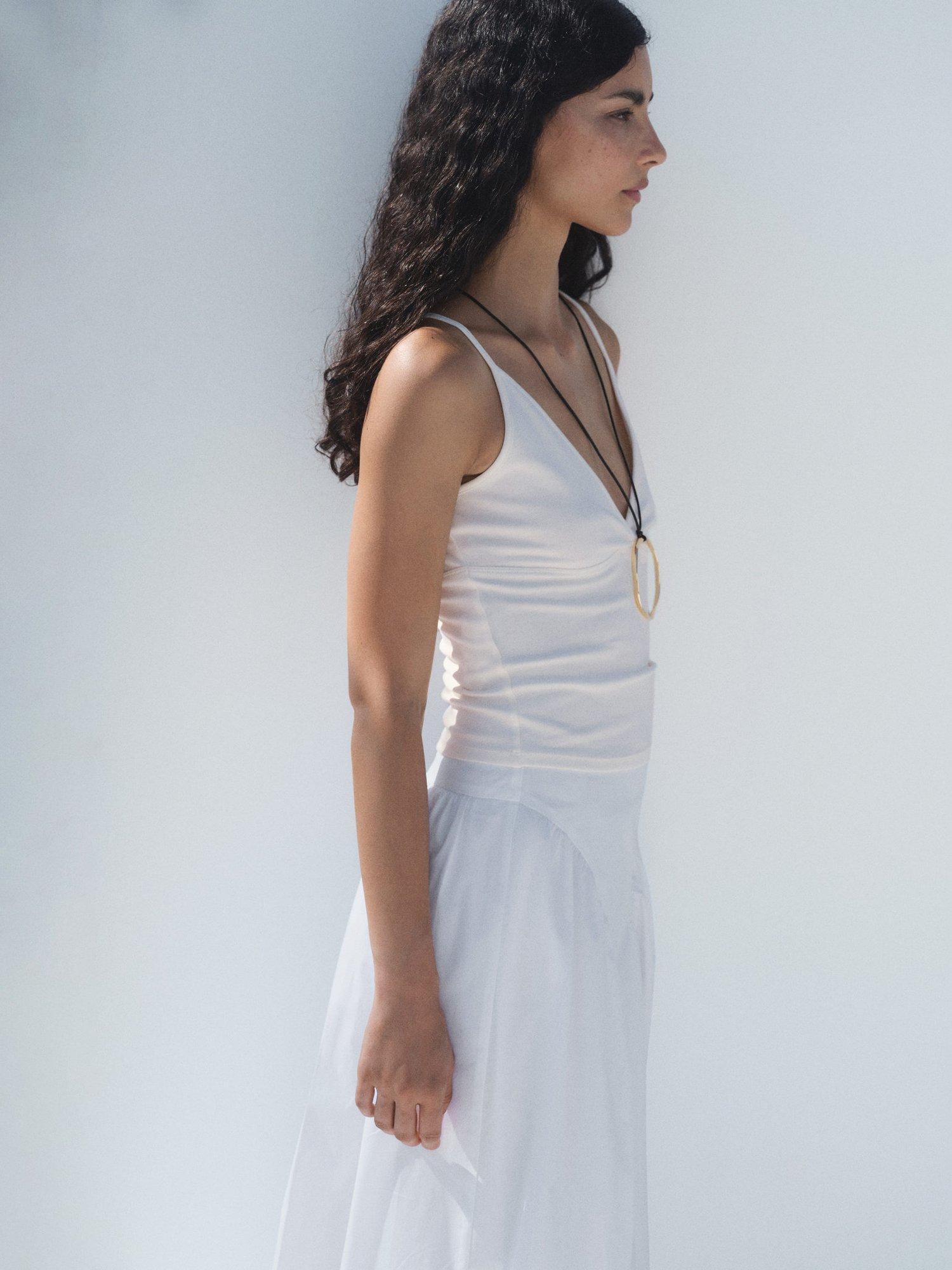 Product image 4 of 6, which shows Mango Mel Cotton Blend Spaghetti Strap V Neck Top, Light Beige, XXS