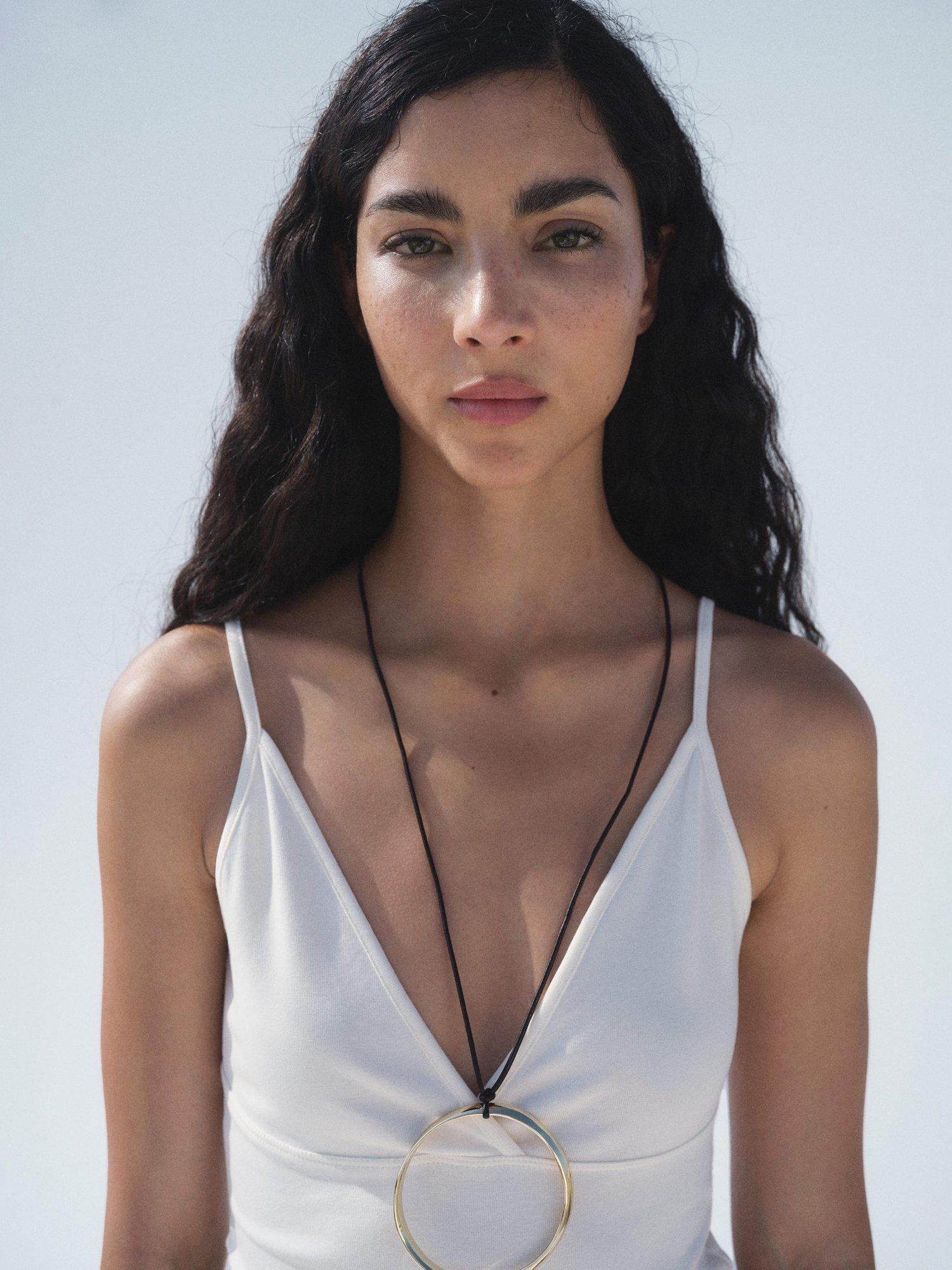 Product image 6 of 6, which shows Mango Mel Cotton Blend Spaghetti Strap V Neck Top, Light Beige, XXS