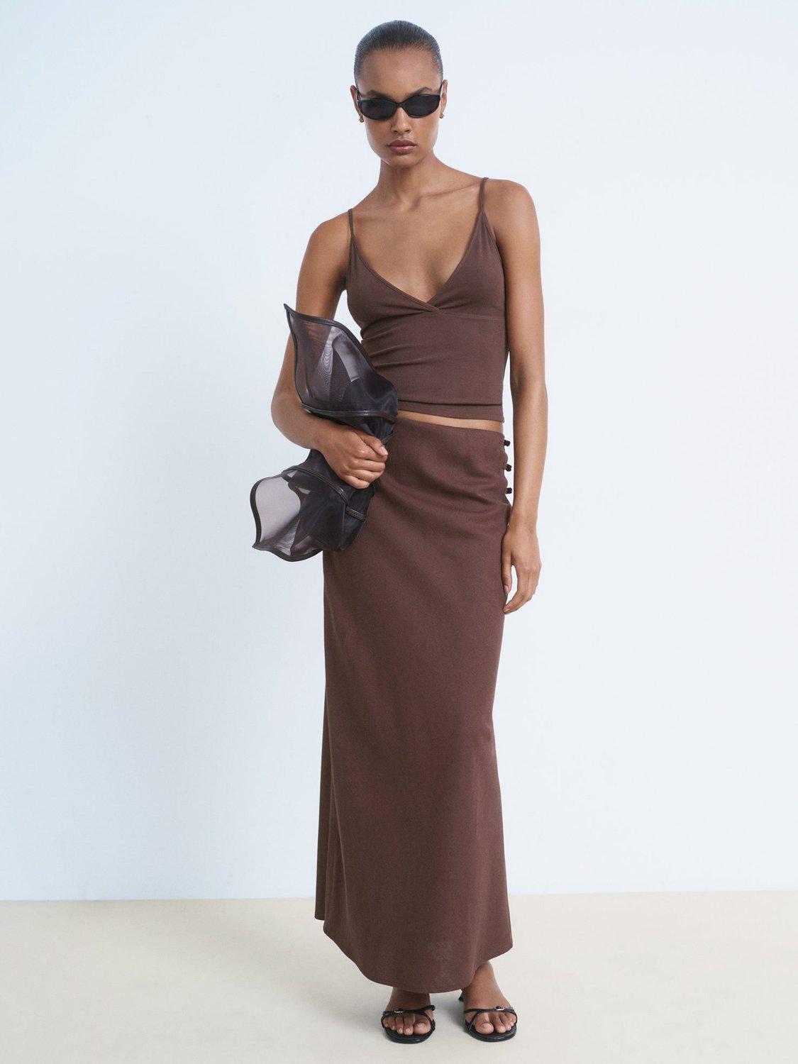 Product image 2 of 8, which shows Mango Mel Cotton Blend Spaghetti Strap V Neck Top, Dark Brown, M