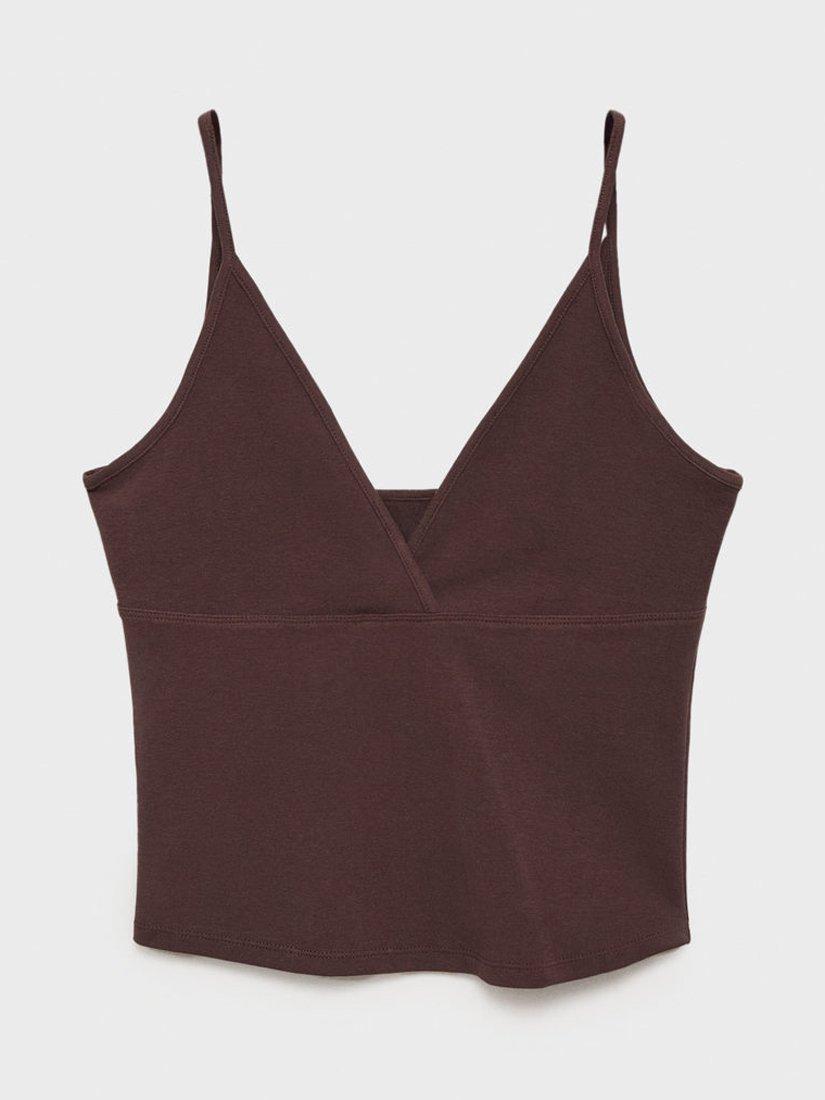 Product image 3 of 8, which shows Mango Mel Cotton Blend Spaghetti Strap V Neck Top, Dark Brown, M
