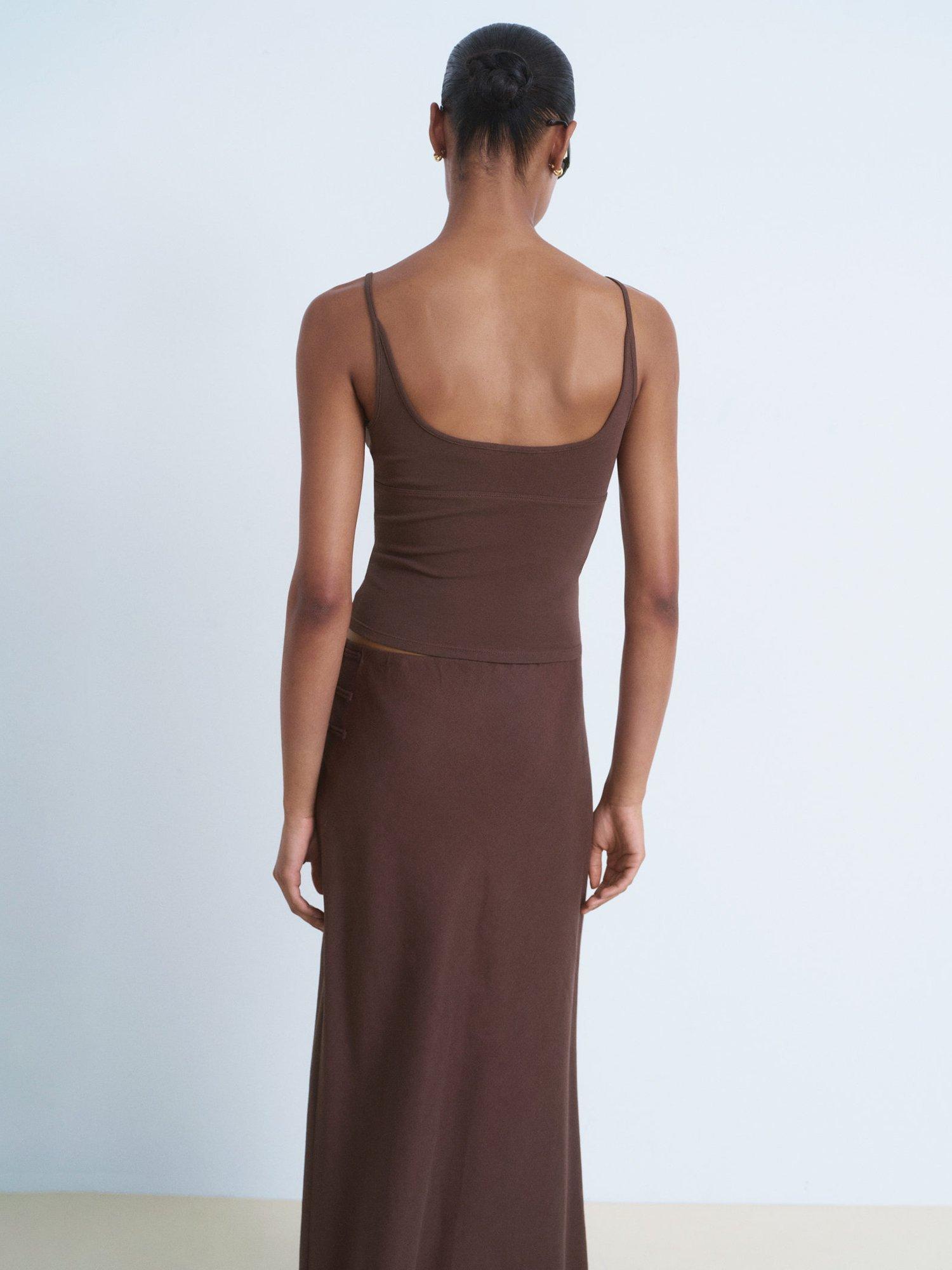 Product image 4 of 8, which shows Mango Mel Cotton Blend Spaghetti Strap V Neck Top, Dark Brown, M