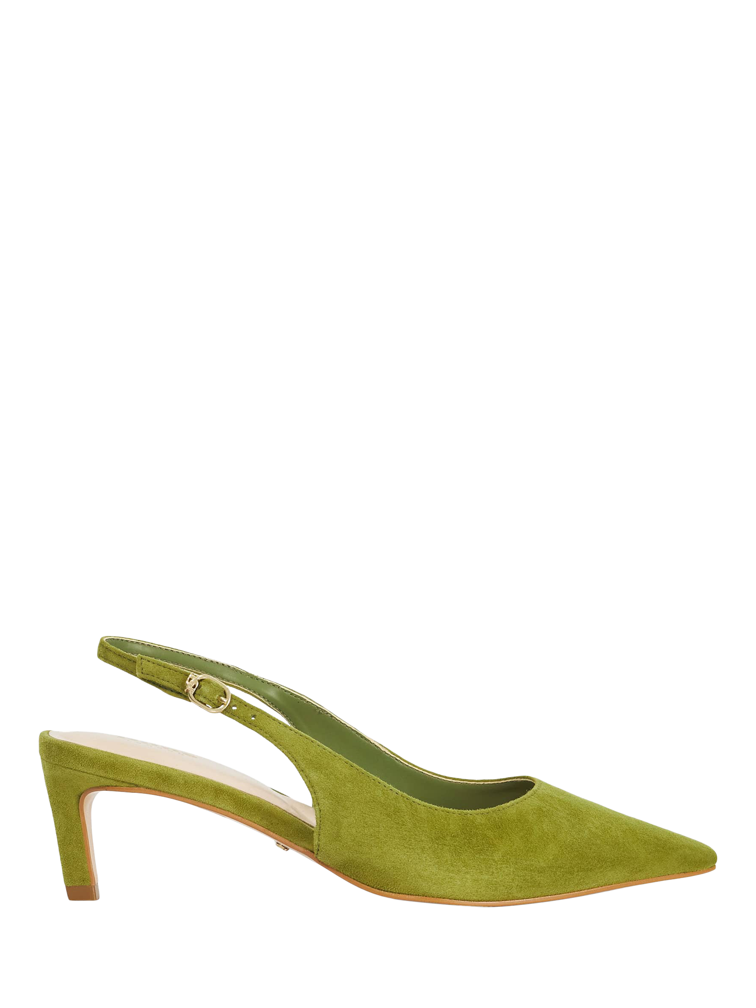 Product image 1 of 6, which shows Dune London Celinna Suede Heeled Slingback Pointed Courts, Light Green, 36