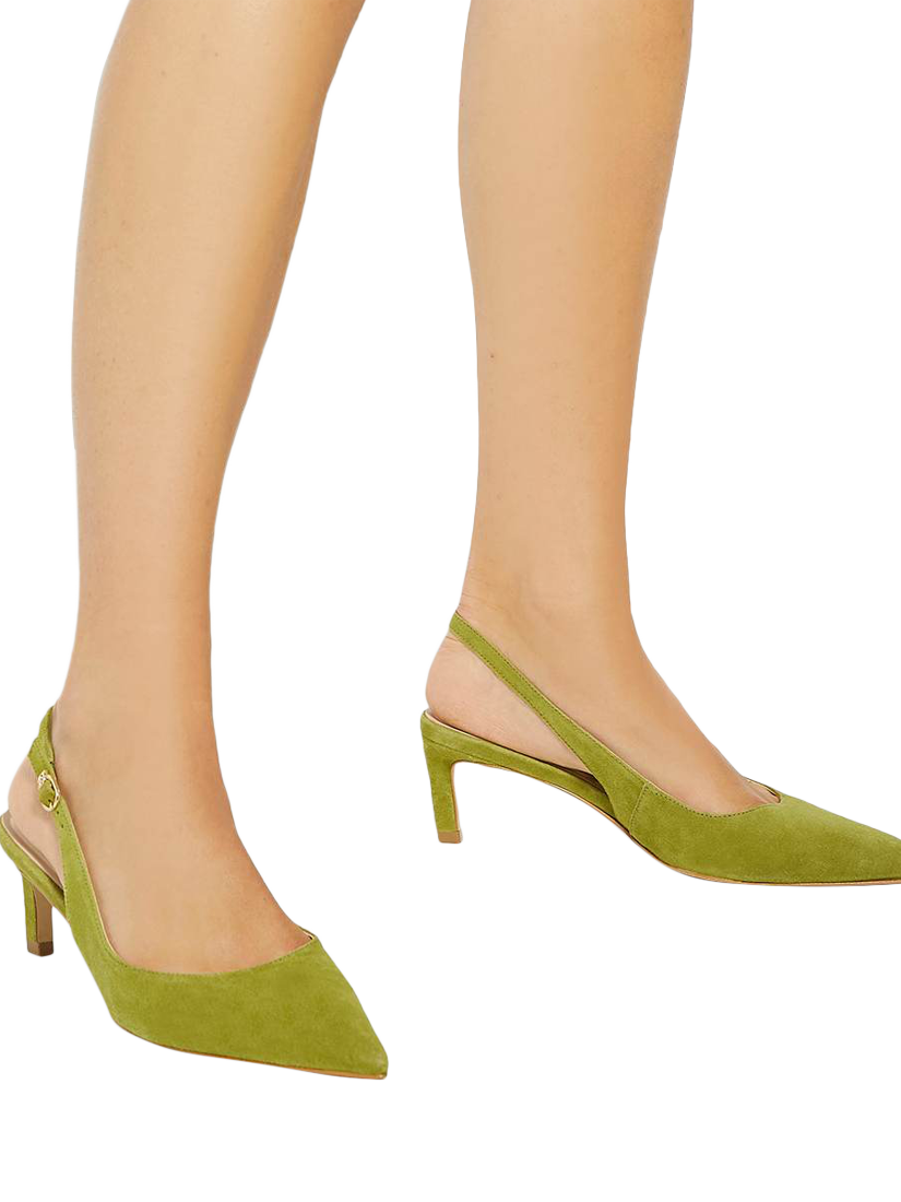 Product image 2 of 6, which shows Dune London Celinna Suede Heeled Slingback Pointed Courts, Light Green, 36