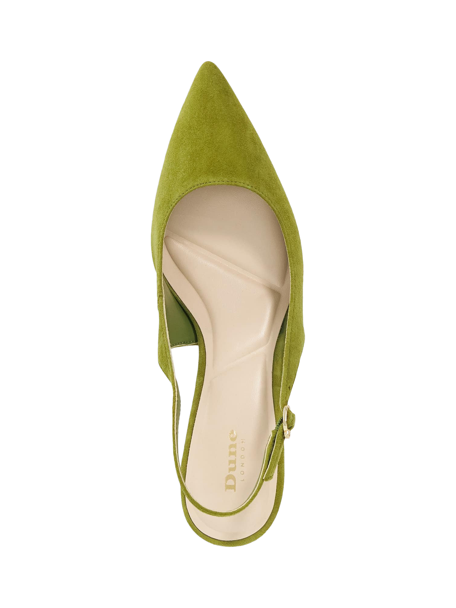 Product image 3 of 6, which shows Dune London Celinna Suede Heeled Slingback Pointed Courts, Light Green, 36