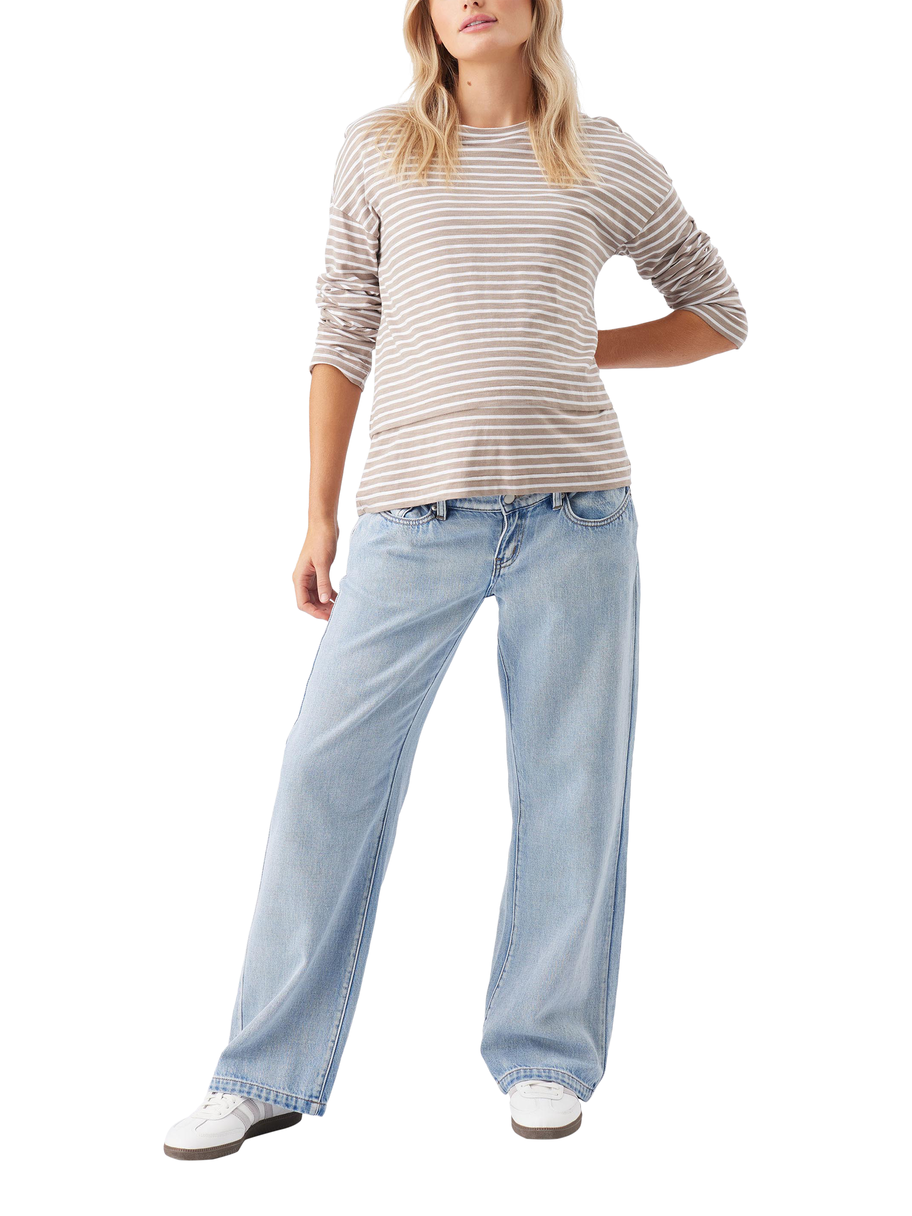 Product image 1 of 6, which shows Ripe Claudette Stripe Nursing Top, Taupe/White, XS