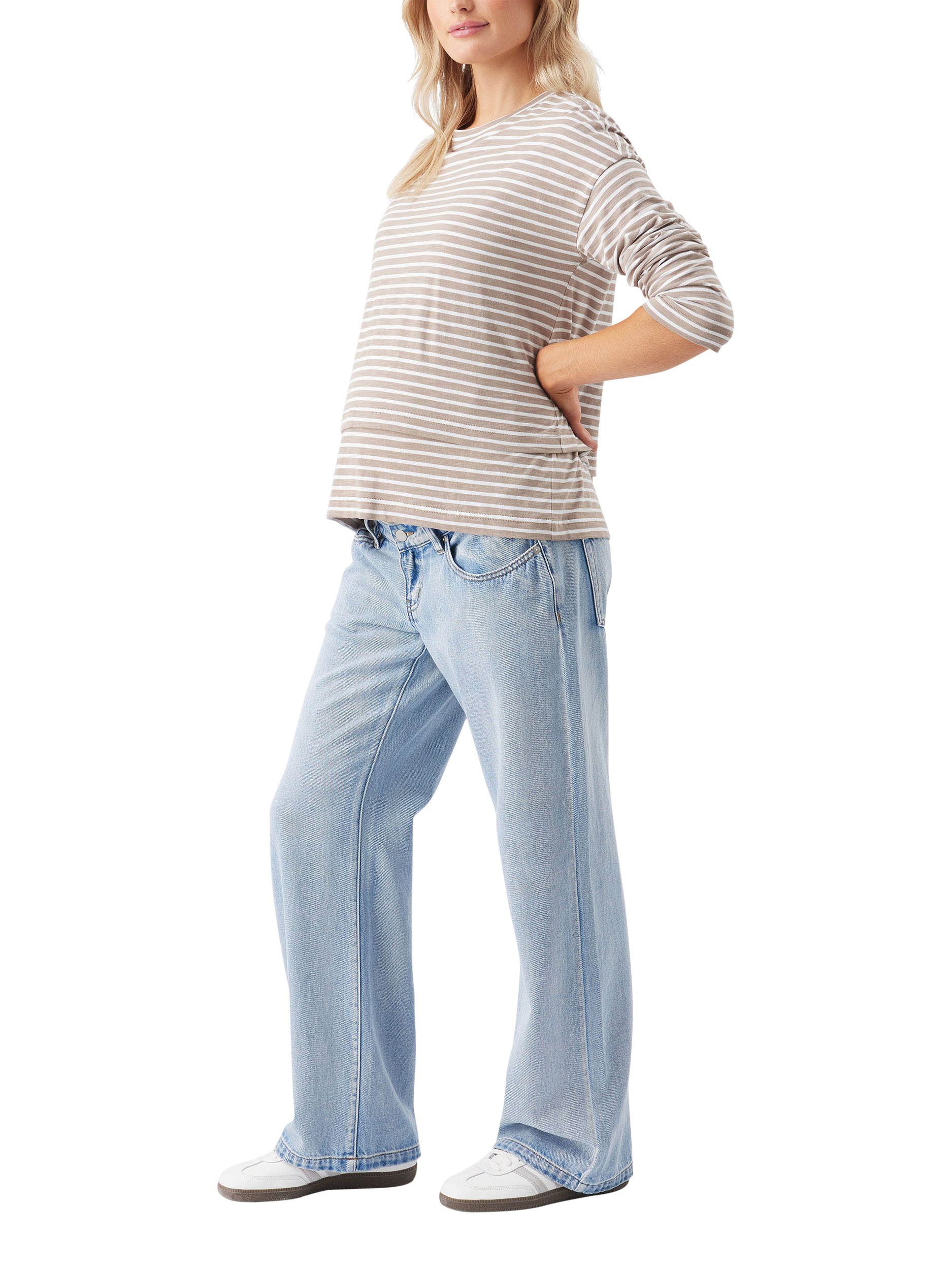 Product image 2 of 6, which shows Ripe Claudette Stripe Nursing Top, Taupe/White, XS