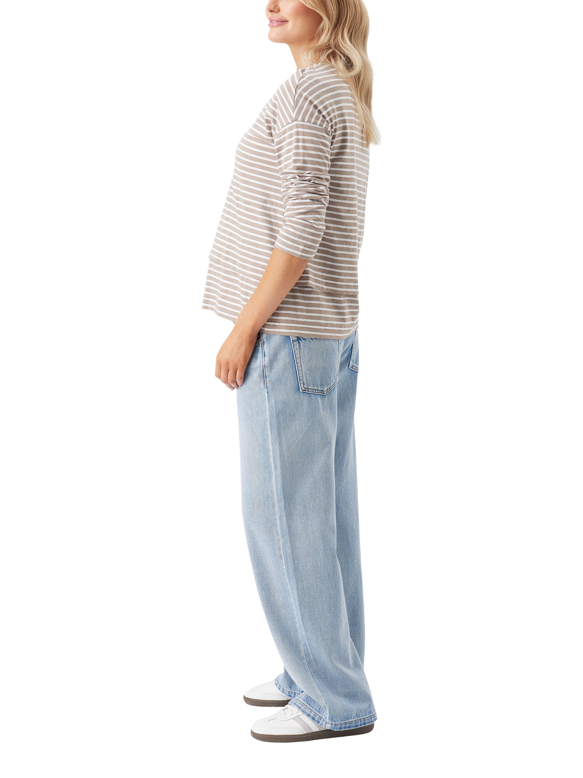 Product image 3 of 6, which shows Ripe Claudette Stripe Nursing Top, Taupe/White, XS