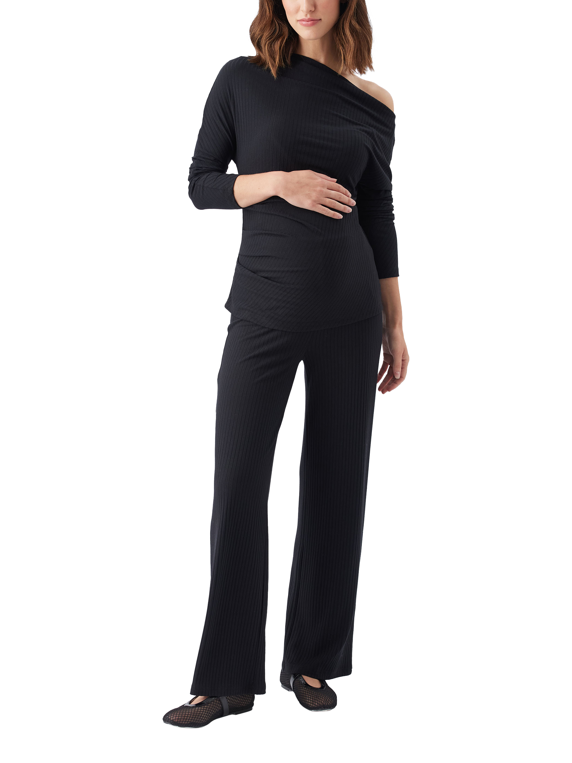 Product image 2 of 7, which shows Ripe Off-Shoulder Rib Maternity Top, Black, XS