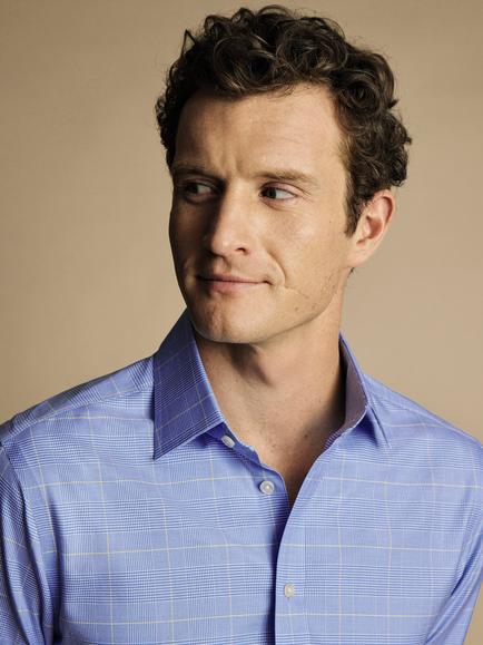 Charles Tyrwhitt Cotton Check Long Sleeve Collar Shirt - view 2, Blue Check