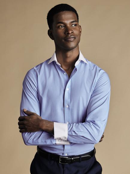 Charles Tyrwhitt Winchester Cotton Stripe Long Sleeve Collar Shirt, White/Blue