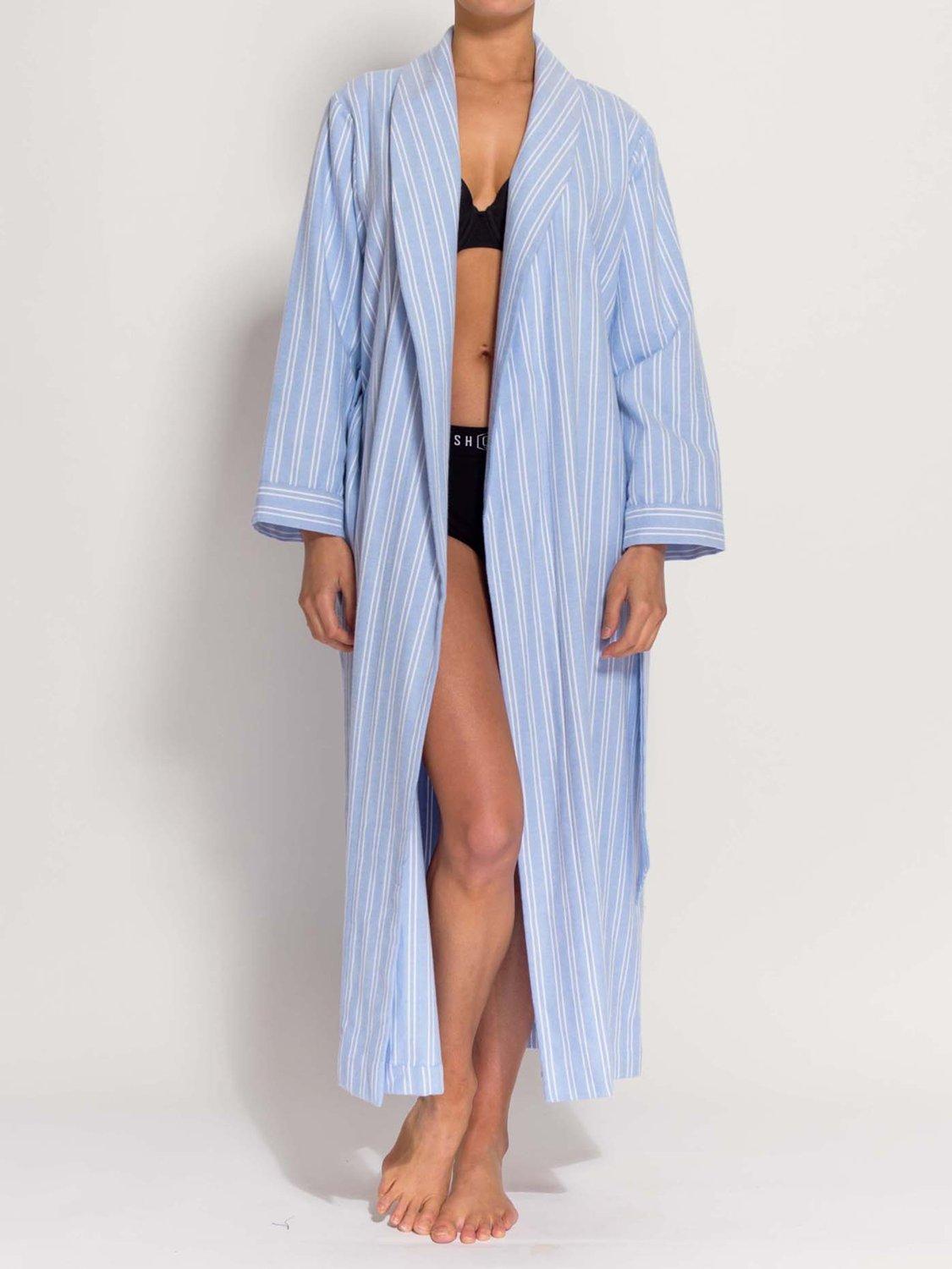 Product image 2 of 7, which shows British Boxers Westwood Stripe Brushed Cotton Dressing Gown, Blue, XS
