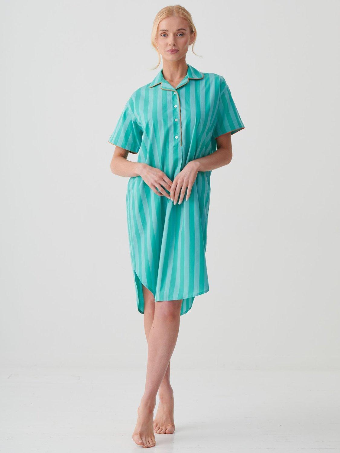 Product image 1 of 11, which shows British Boxers New York Crisp Cotton Short Sleeve Nightshirt, New York Turquoise, XS
