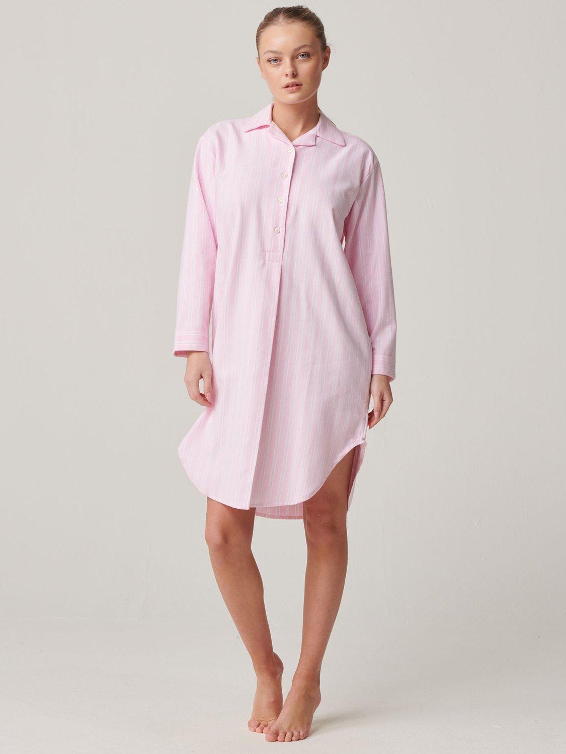 Product image 1 of 6, which shows British Boxers Stripe Brushed Cotton Nightshirt, Pink, XS