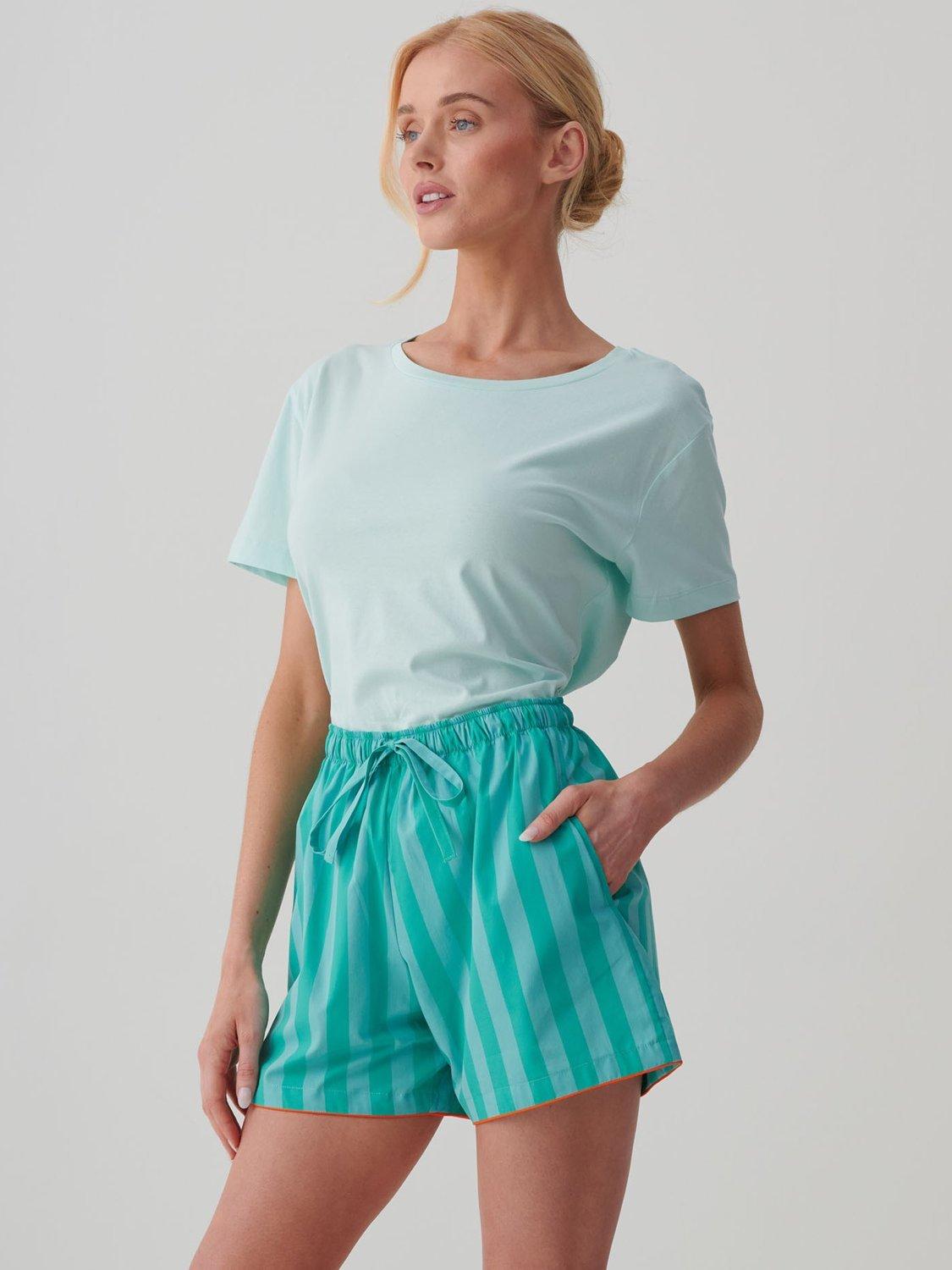 Product image 3 of 5, which shows British Boxers Crisp Cotton Pyjama Shorts, New York Turquoise, XS