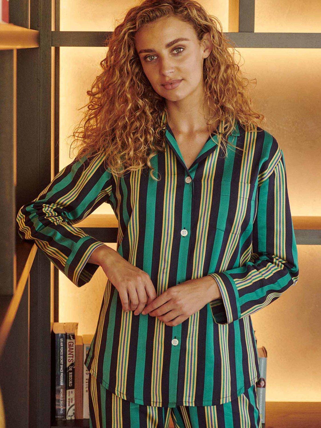 Product image 1 of 5, which shows British Boxers Regimental Stripe Pyjama Set, Jade, S