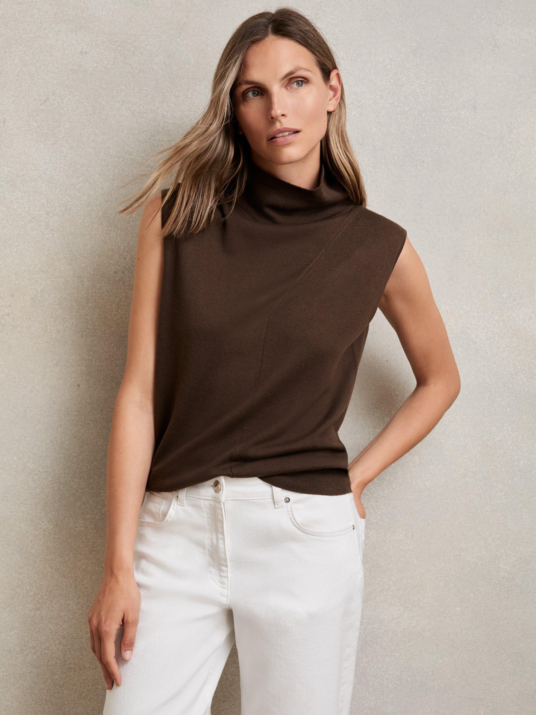 Product image 1 of 5, which shows Reiss Harper Wool High Neck Sleeveless T-Shirt, Chocolate, XS