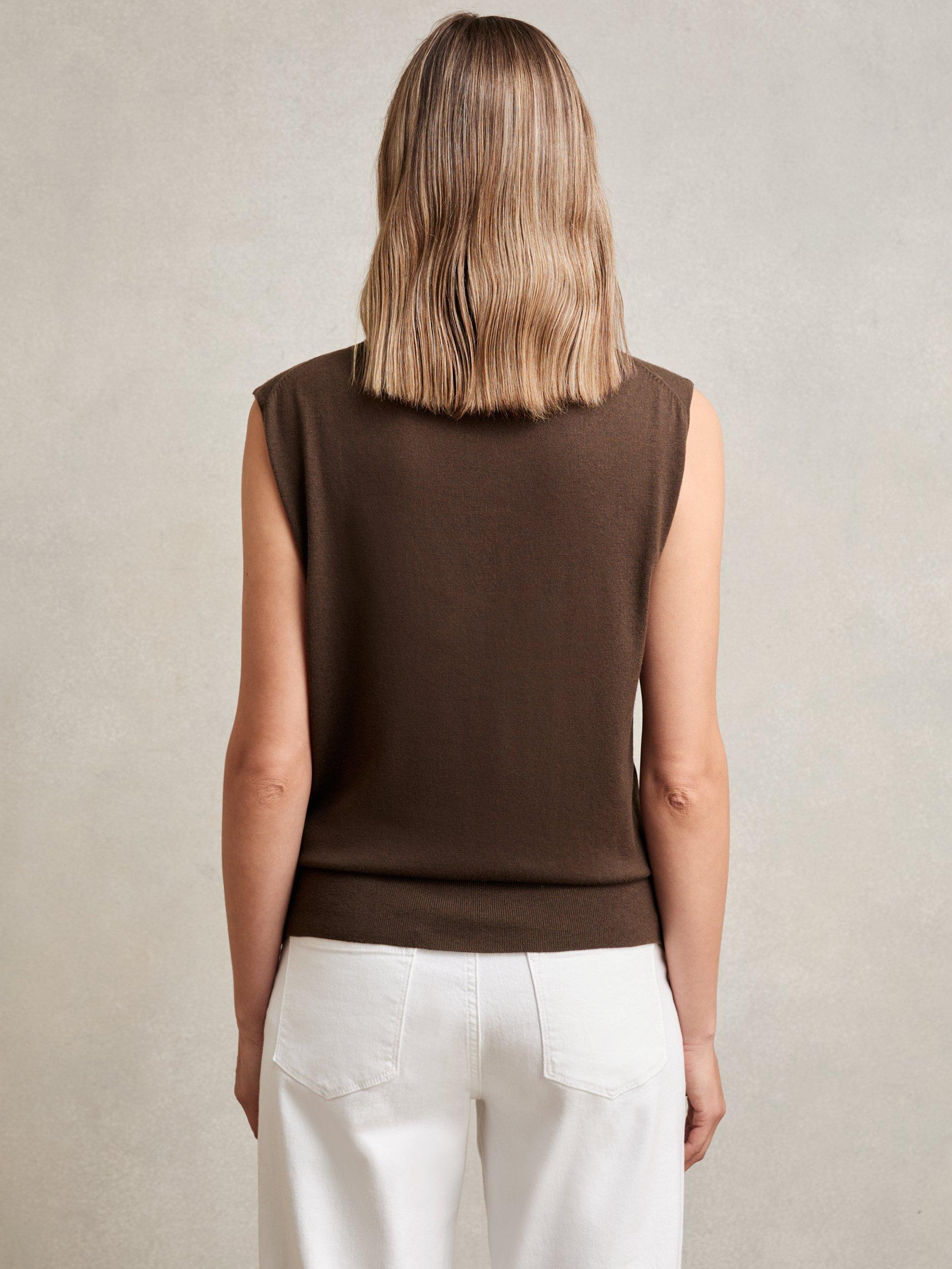 Product image 2 of 5, which shows Reiss Harper Wool High Neck Sleeveless T-Shirt, Chocolate, XS