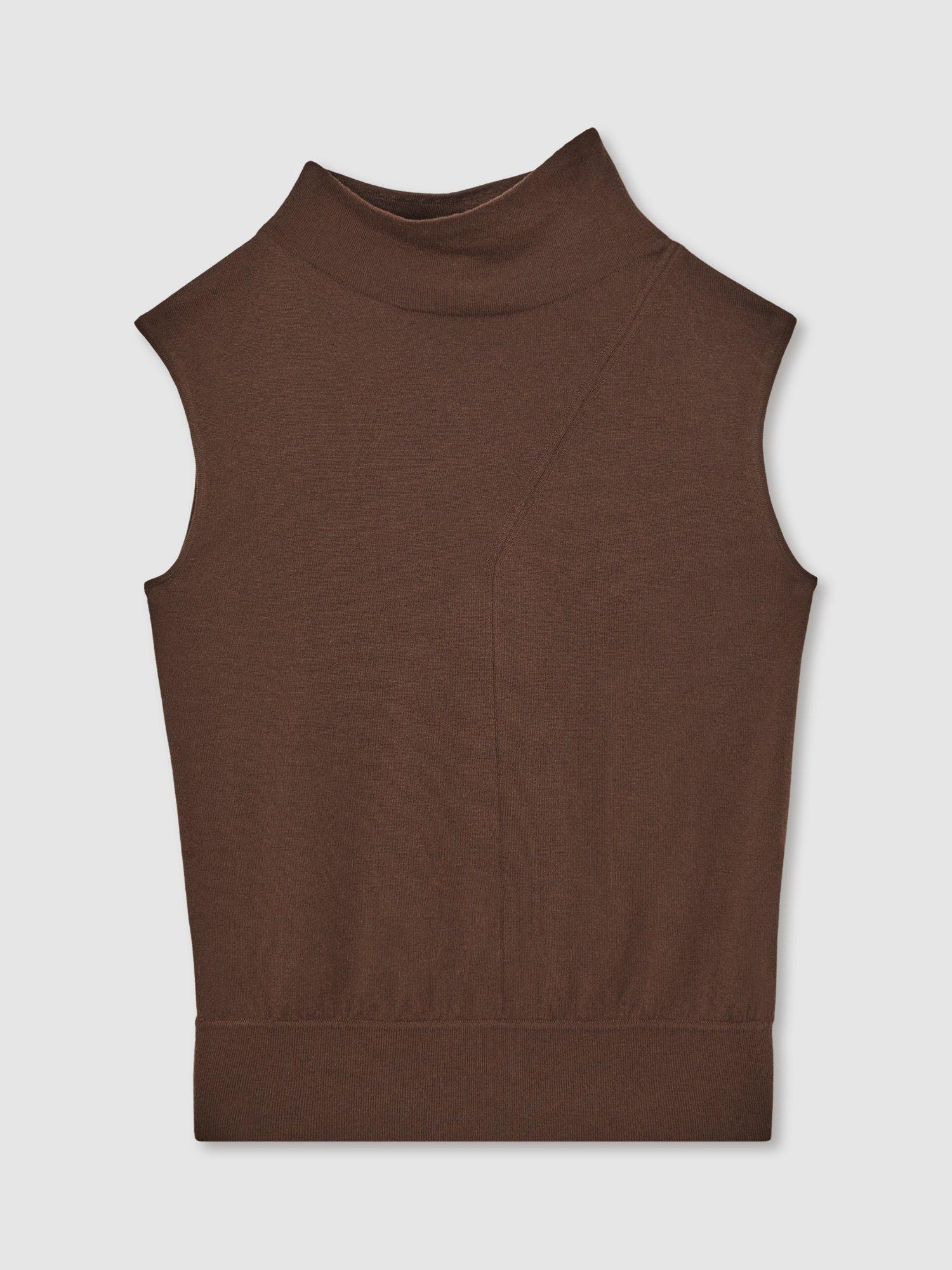 Product image 3 of 5, which shows Reiss Harper Wool High Neck Sleeveless T-Shirt, Chocolate, XS