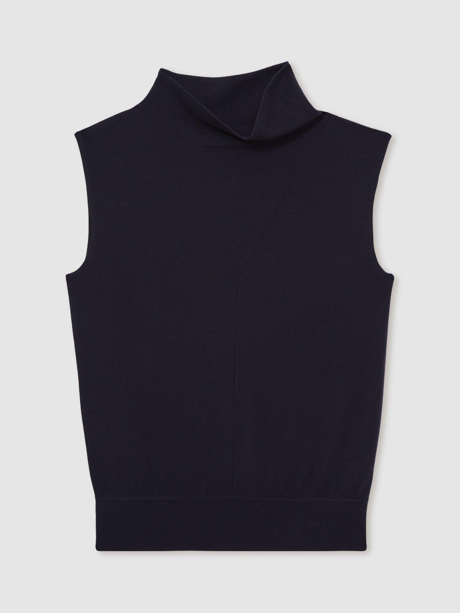 Product image 3 of 5, which shows Reiss Harper Wool Funnel Neck Sleeveless T-Shirt, Navy, XS