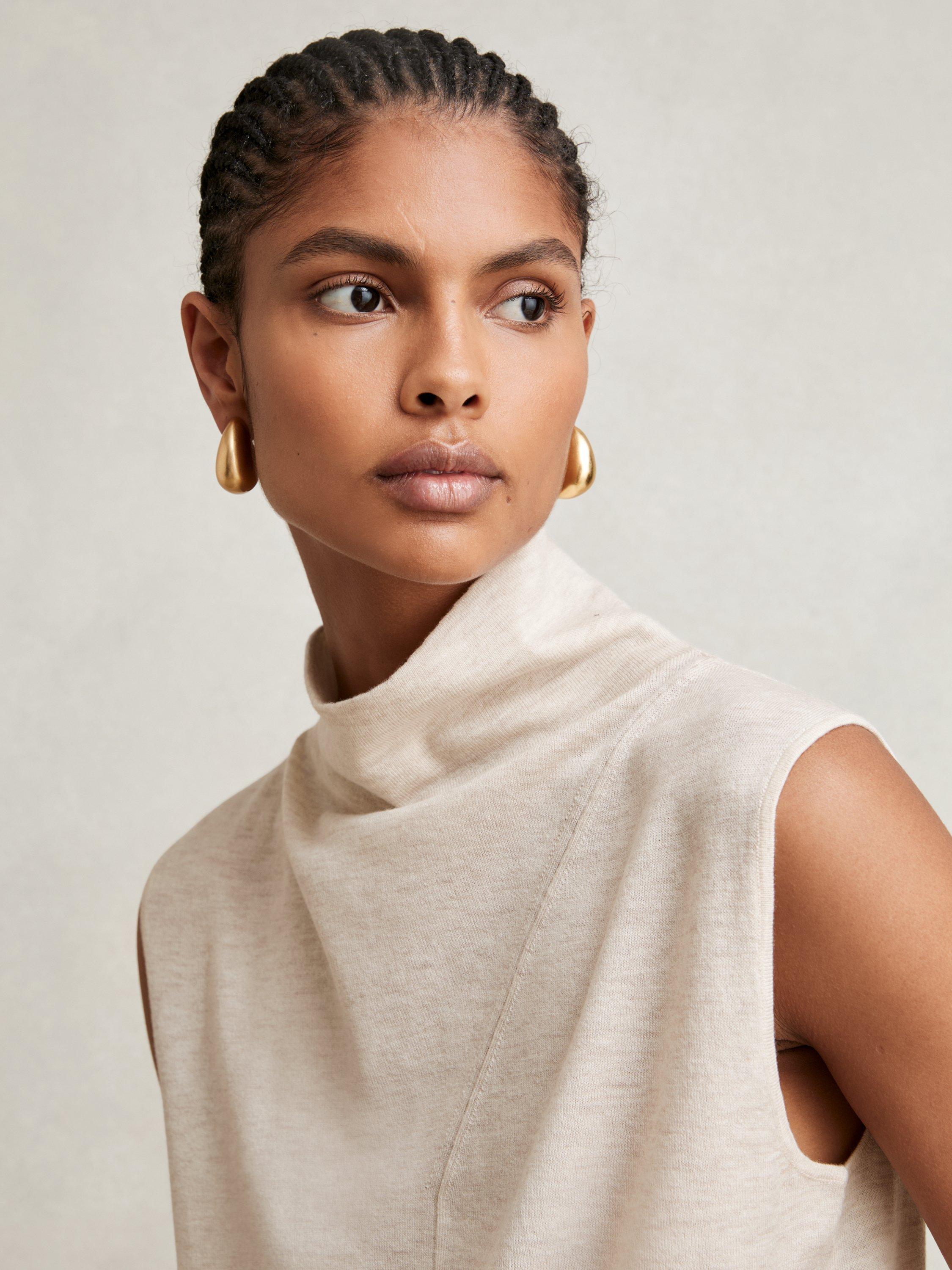 Product image 1 of 5, which shows Reiss Harper Wool Funnel Neck Sleeveless T-Shirt, Stone Neutral, XS