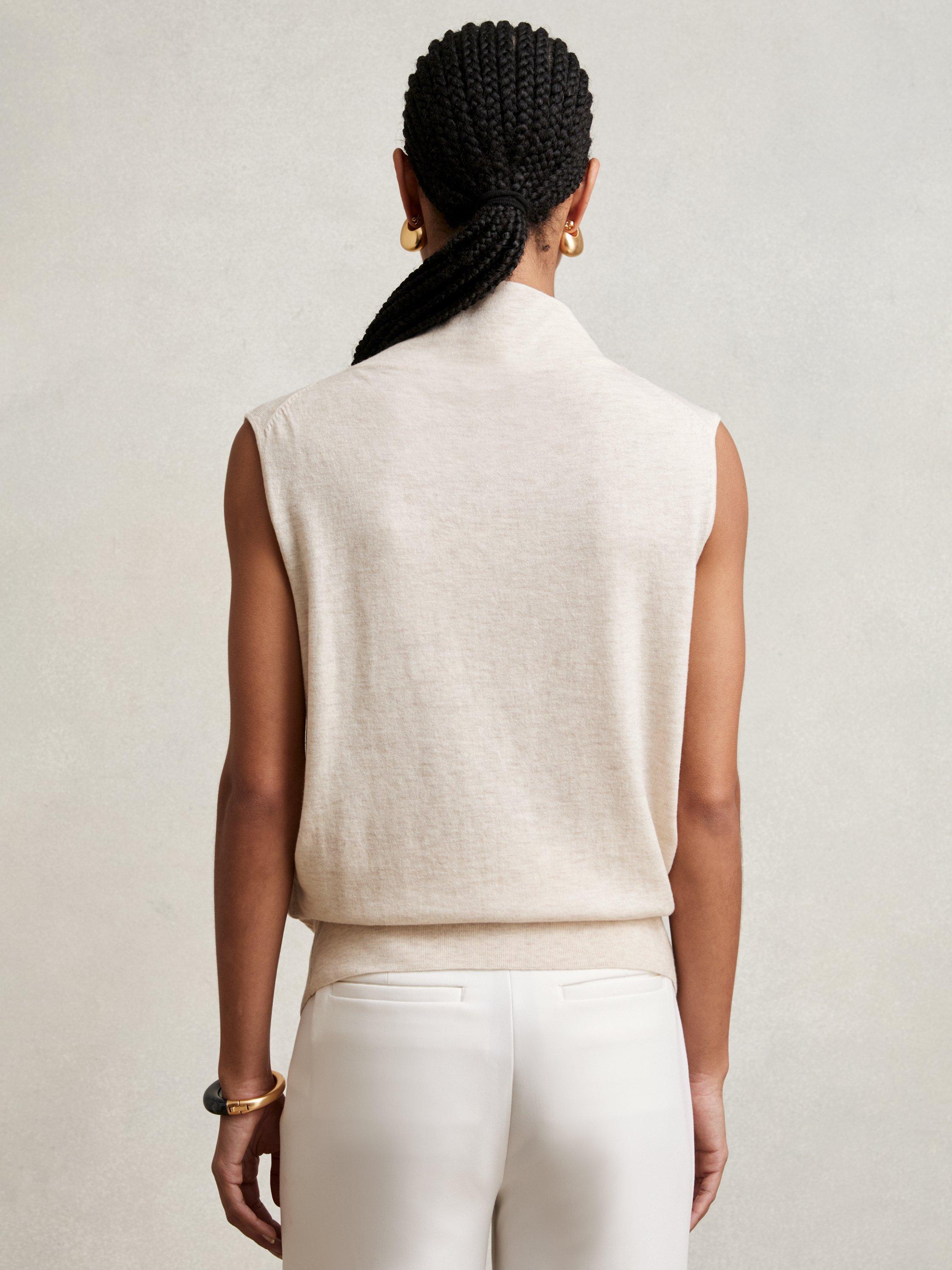 Product image 2 of 5, which shows Reiss Harper Wool Funnel Neck Sleeveless T-Shirt, Stone Neutral, XS