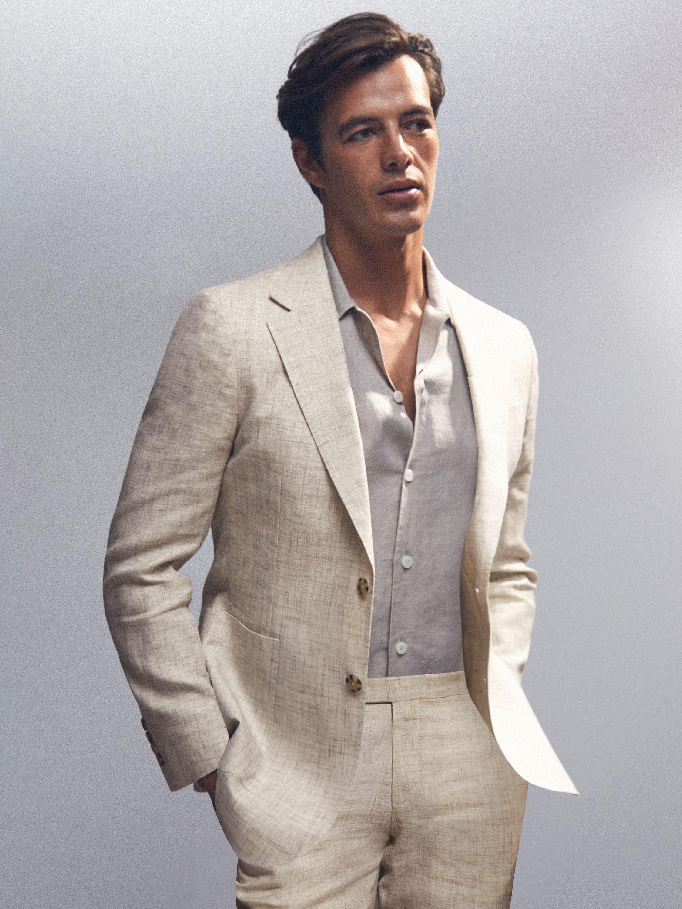 Product image 1 of 5, which shows Reiss Bloomfield Linen Cotton Blend Blazer, Stone, 42