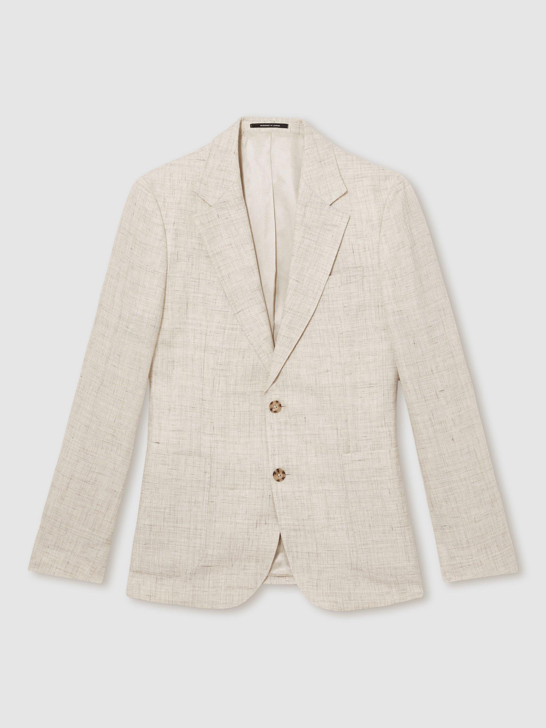 Product image 3 of 5, which shows Reiss Bloomfield Linen Cotton Blend Blazer, Stone, 42
