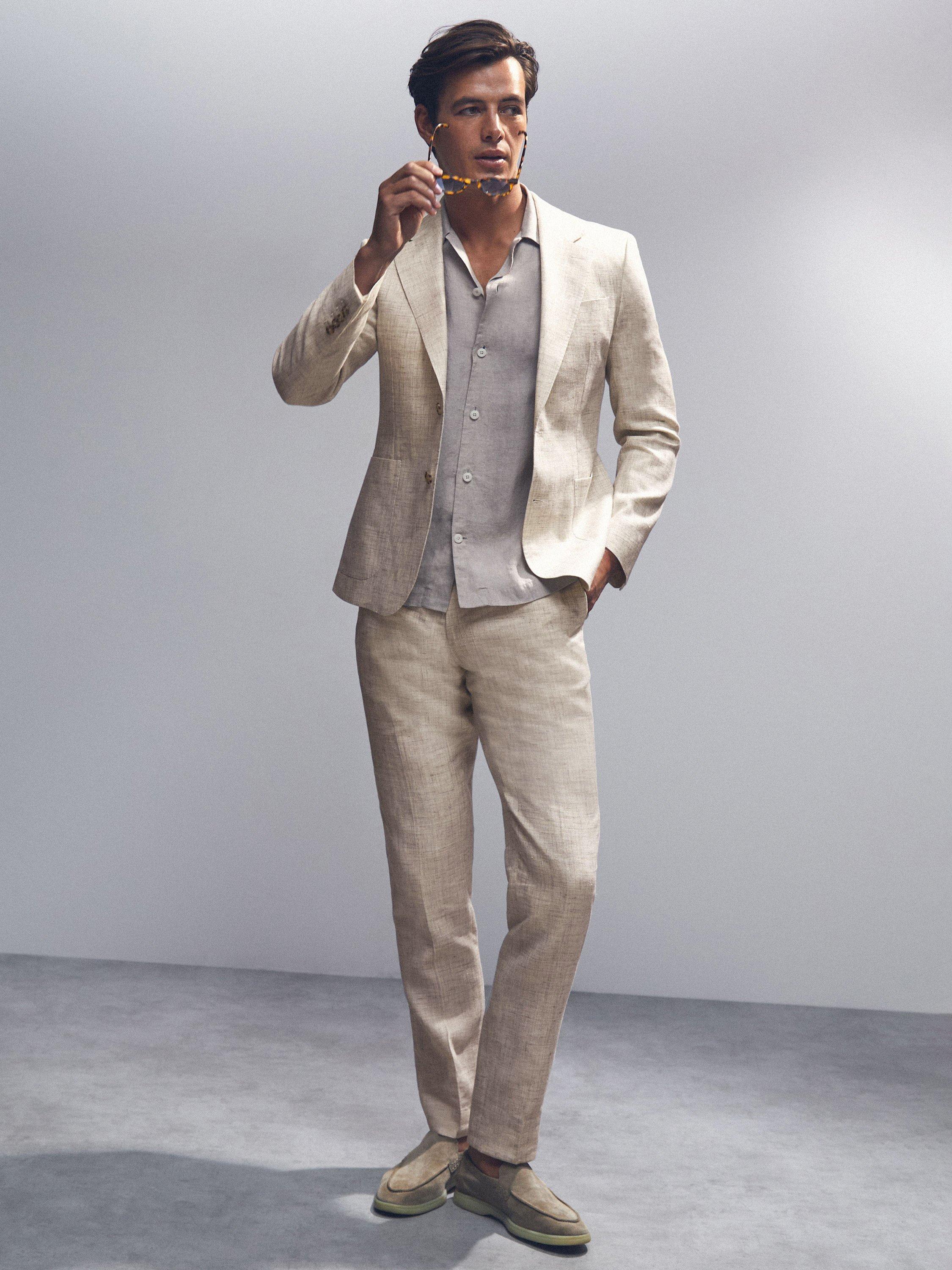 Product image 4 of 5, which shows Reiss Bloomfield Linen Cotton Blend Blazer, Stone, 42
