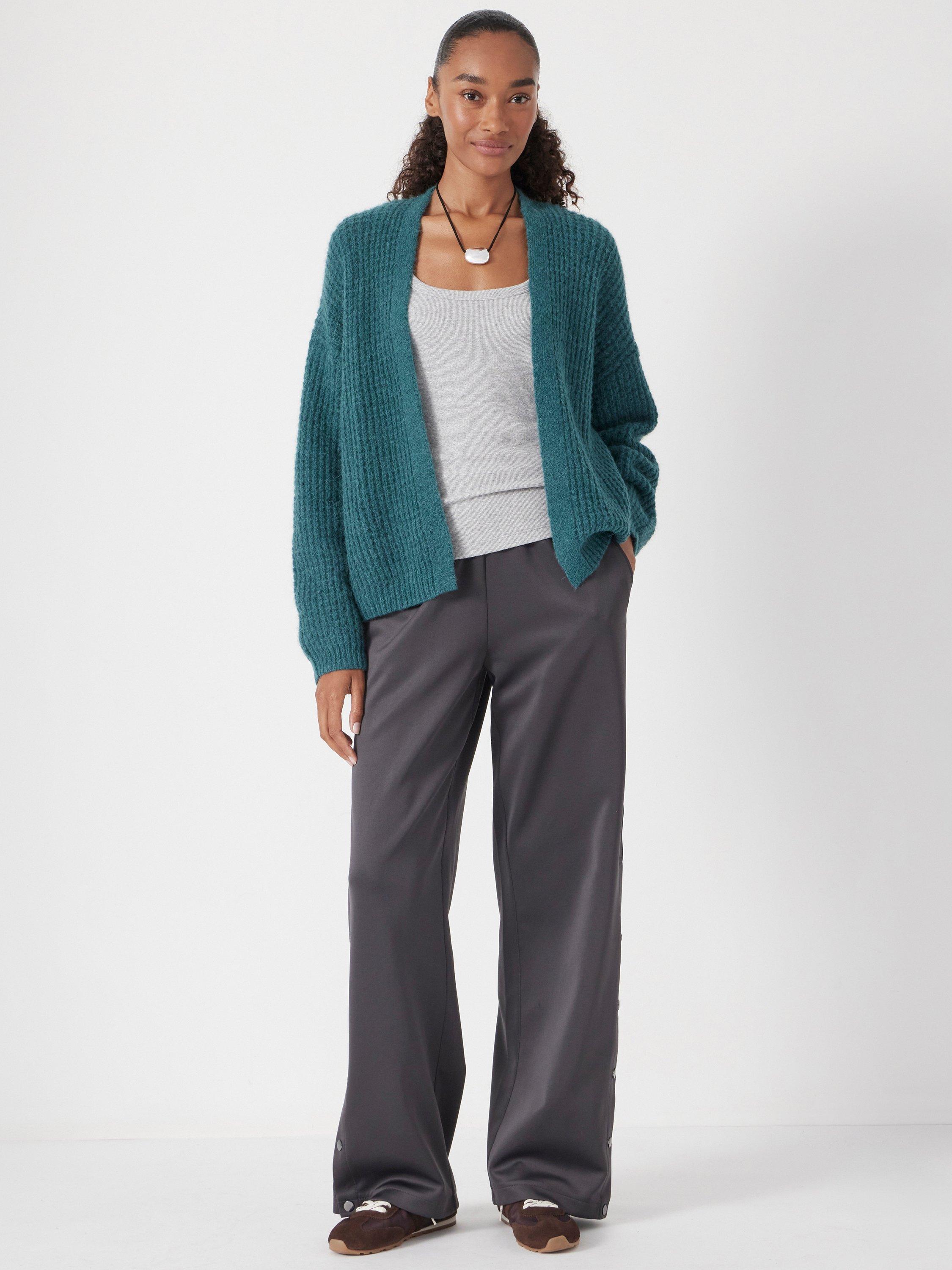 Product image 1 of 5, which shows HUSH Waffle Wool Alpaca Blend Cardigan, Teal Blue, XS-S