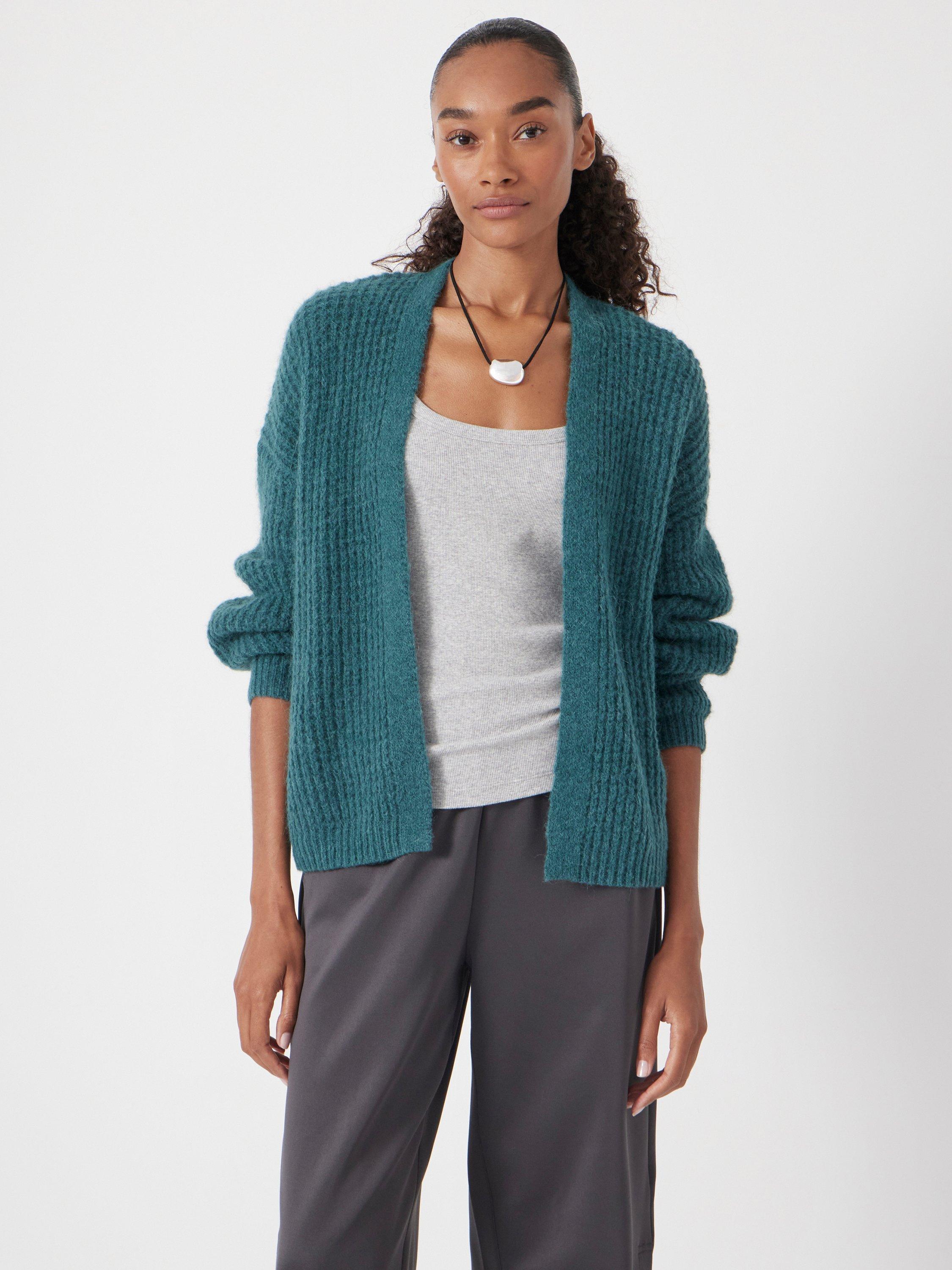 Product image 2 of 5, which shows HUSH Waffle Wool Alpaca Blend Cardigan, Teal Blue, XS-S