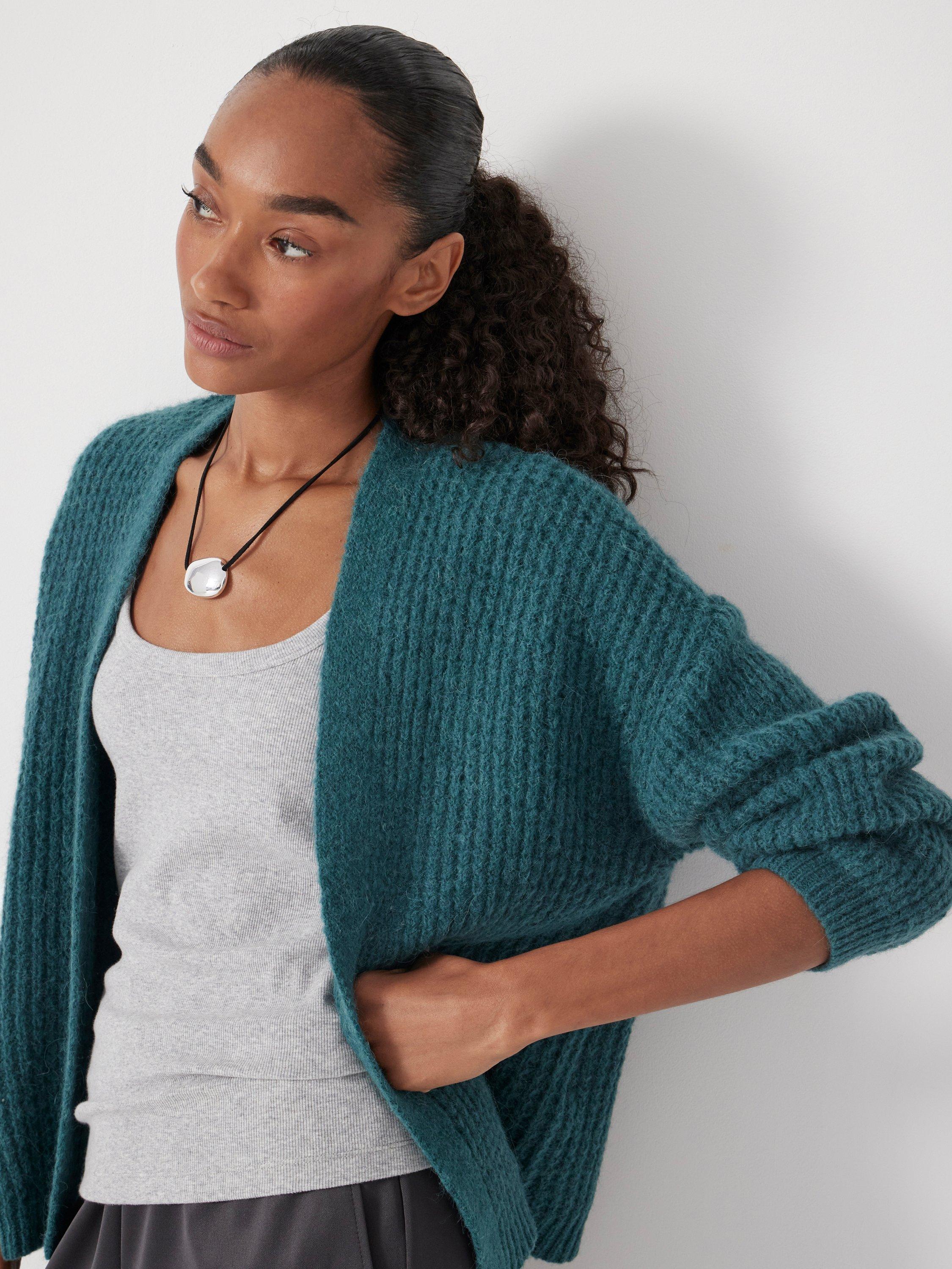 Product image 3 of 5, which shows HUSH Waffle Wool Alpaca Blend Cardigan, Teal Blue, XS-S