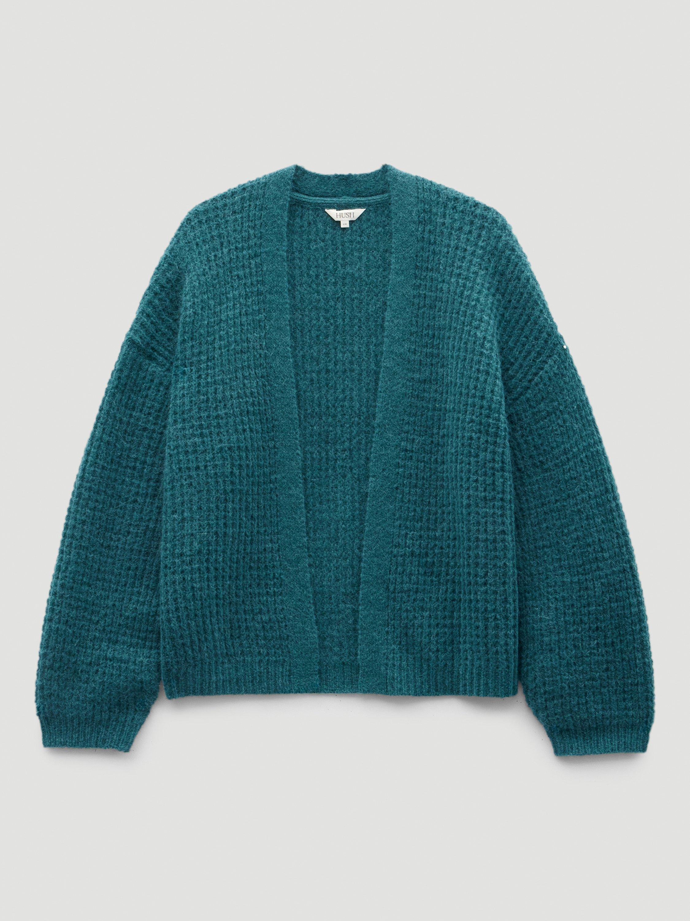 Product image 4 of 5, which shows HUSH Waffle Wool Alpaca Blend Cardigan, Teal Blue, XS-S