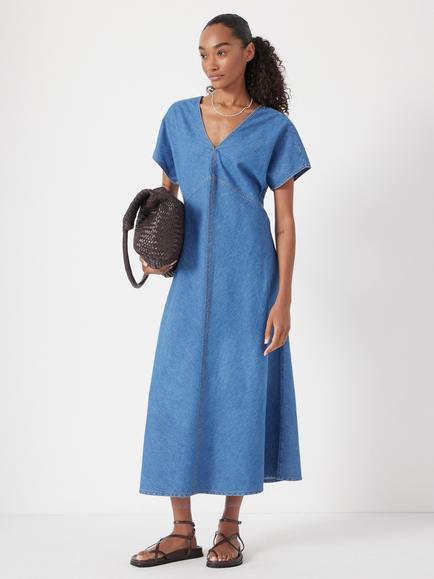 HUSH Grace V-Neck Denim Dress, Vintage Wash Blue, Vintage Wash Blue