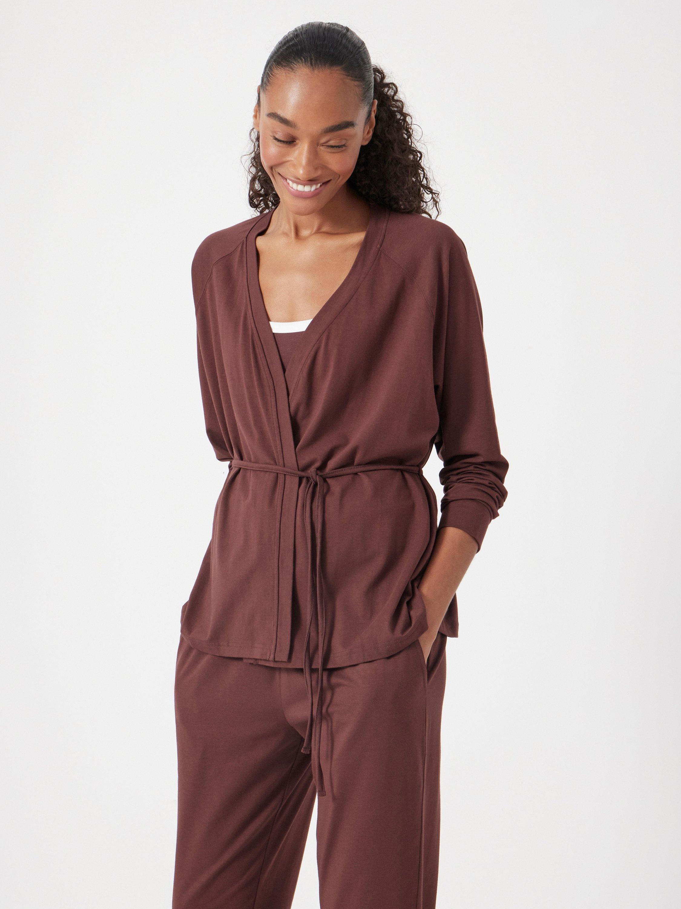 Product image 1 of 6, which shows HUSH Tie Waist Wrap Cardigan, Rum Raisin, XL