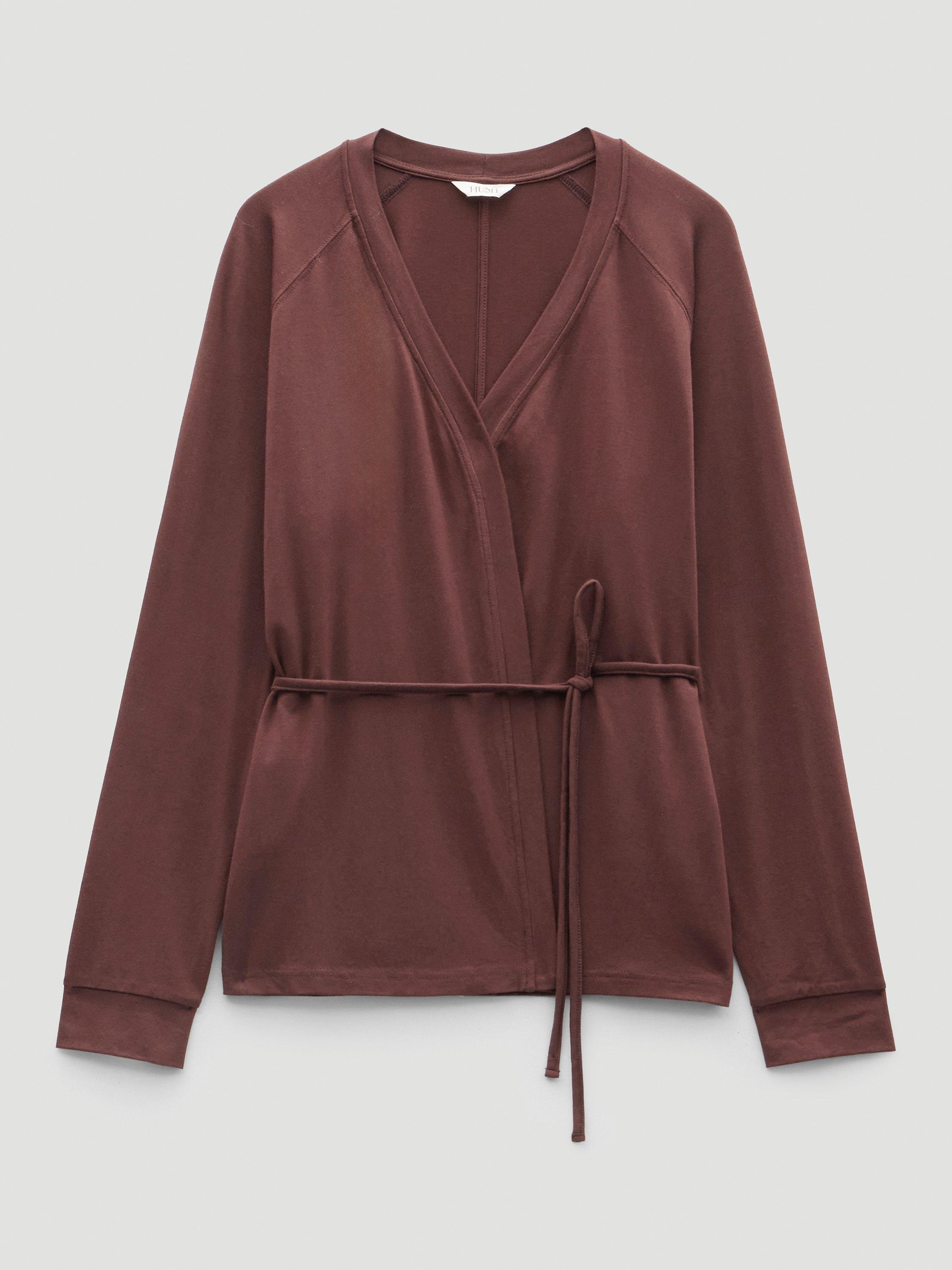 Product image 4 of 6, which shows HUSH Tie Waist Wrap Cardigan, Rum Raisin, XL