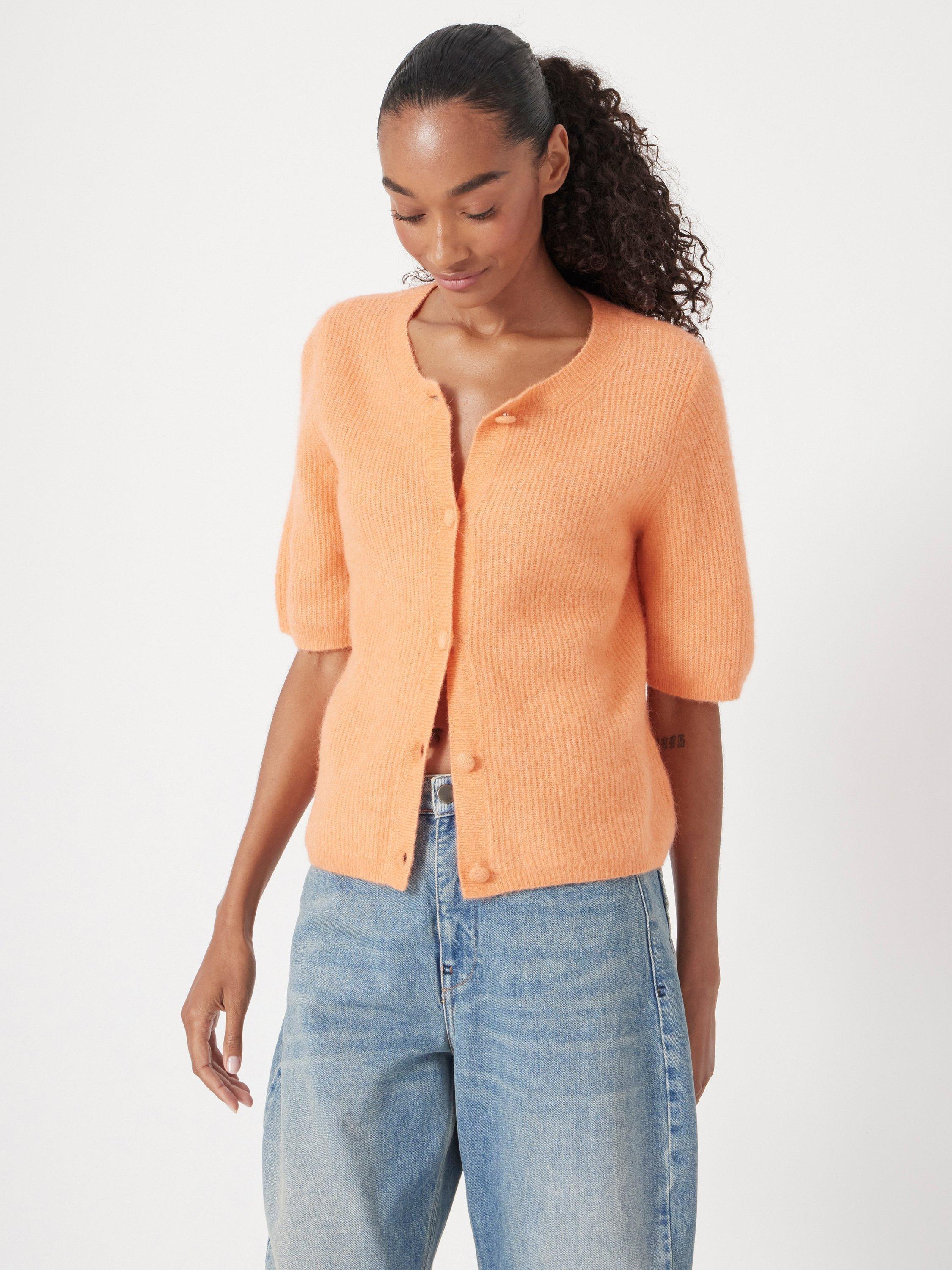 Product image 2 of 5, which shows HUSH Button Down Ribbed Cardigan, Mid Orange, XXS