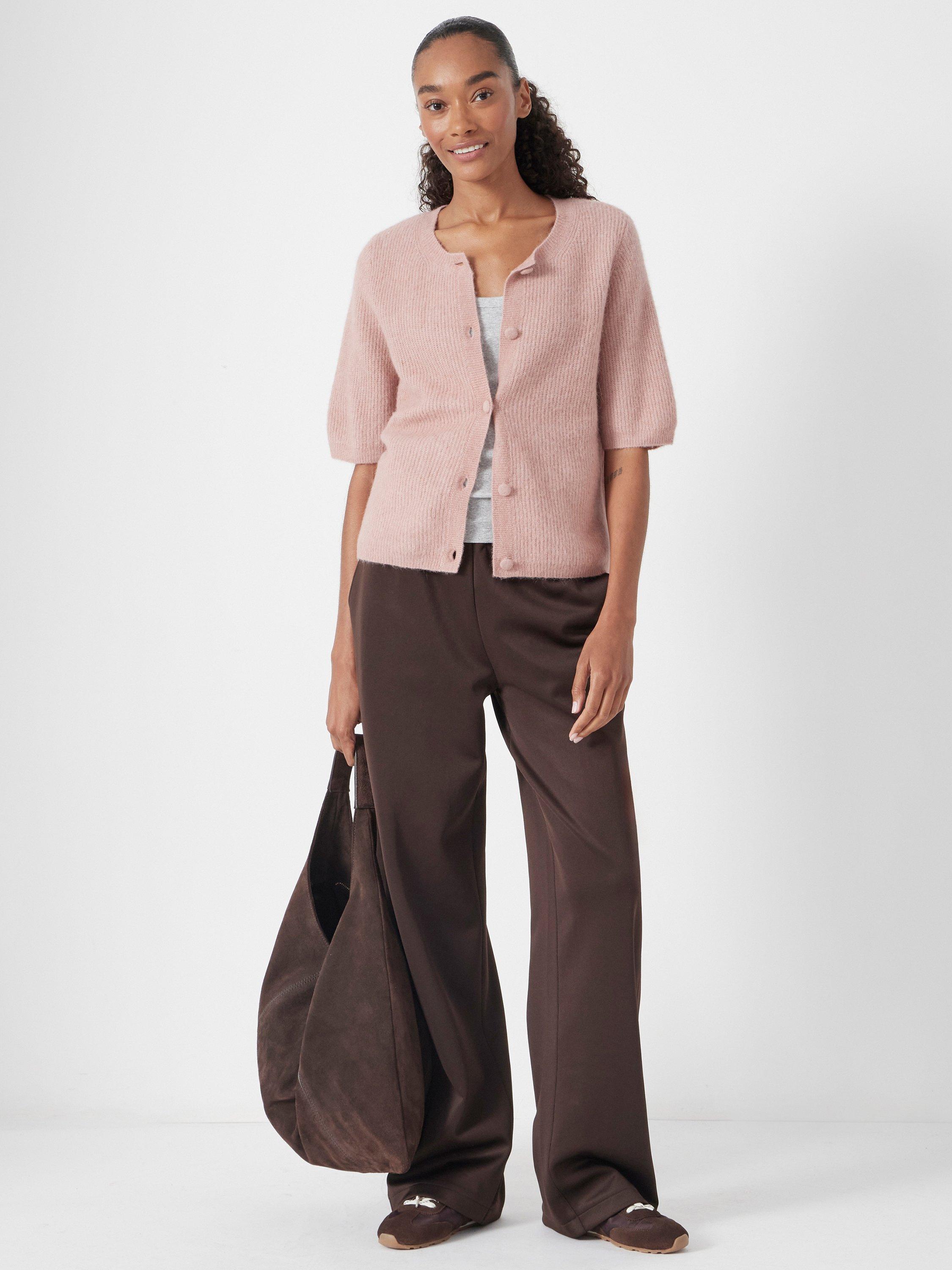 Product image 1 of 6, which shows HUSH Button Down Ribbed Cardigan, Mid Pink, XXS