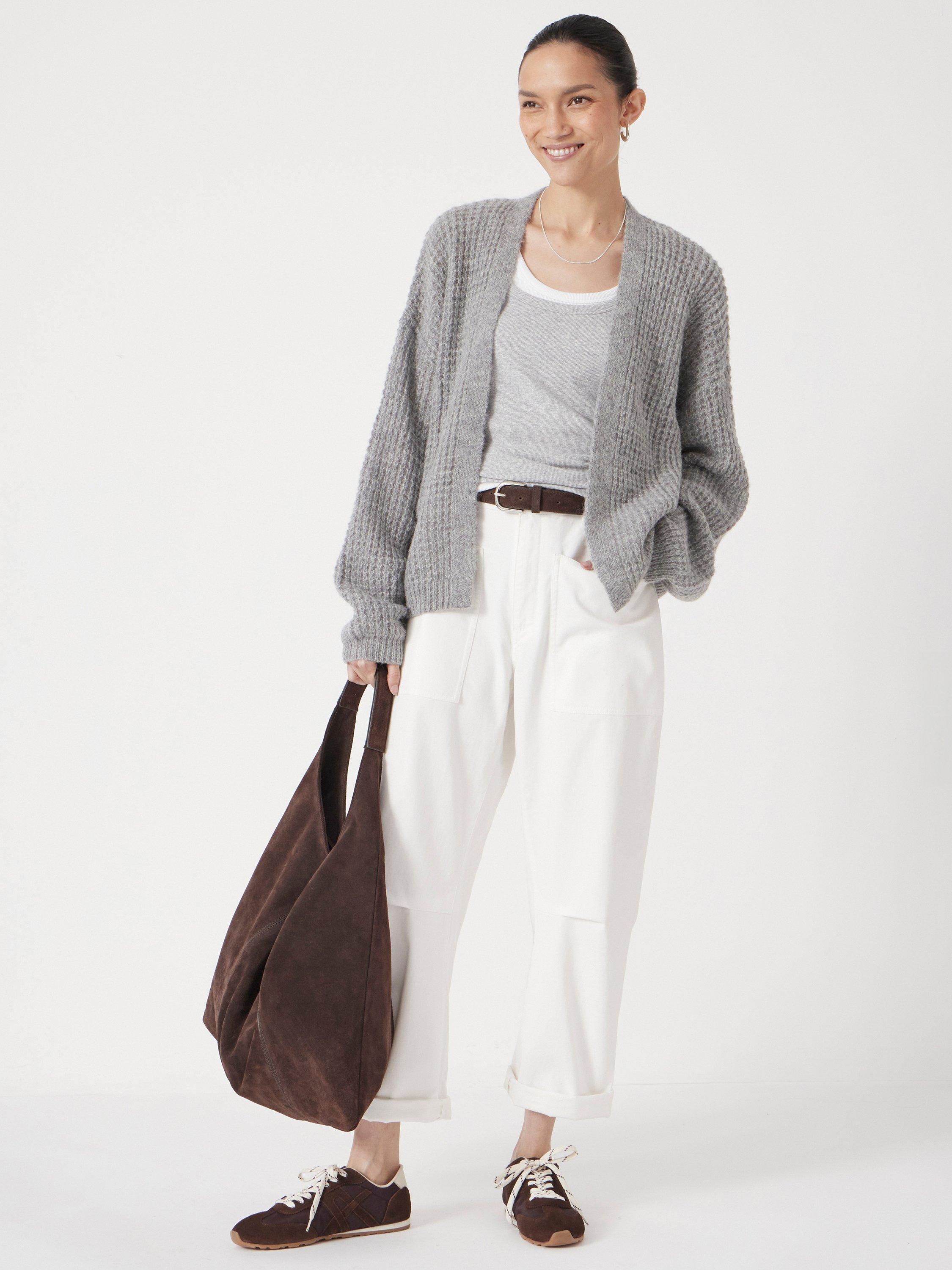 Product image 2 of 5, which shows HUSH Waffle Stitch Wool Blend Edge to Edge Cardigan, Light Grey Marl, L-XL