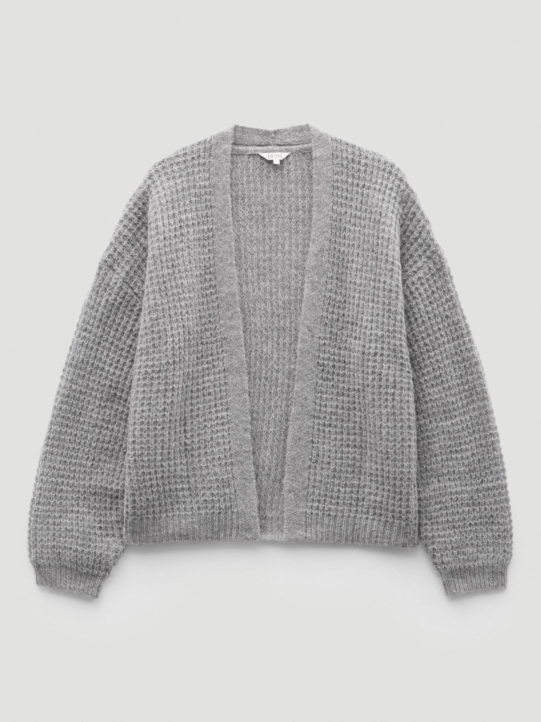 Product image 4 of 5, which shows HUSH Waffle Stitch Wool Blend Edge to Edge Cardigan, Light Grey Marl, L-XL