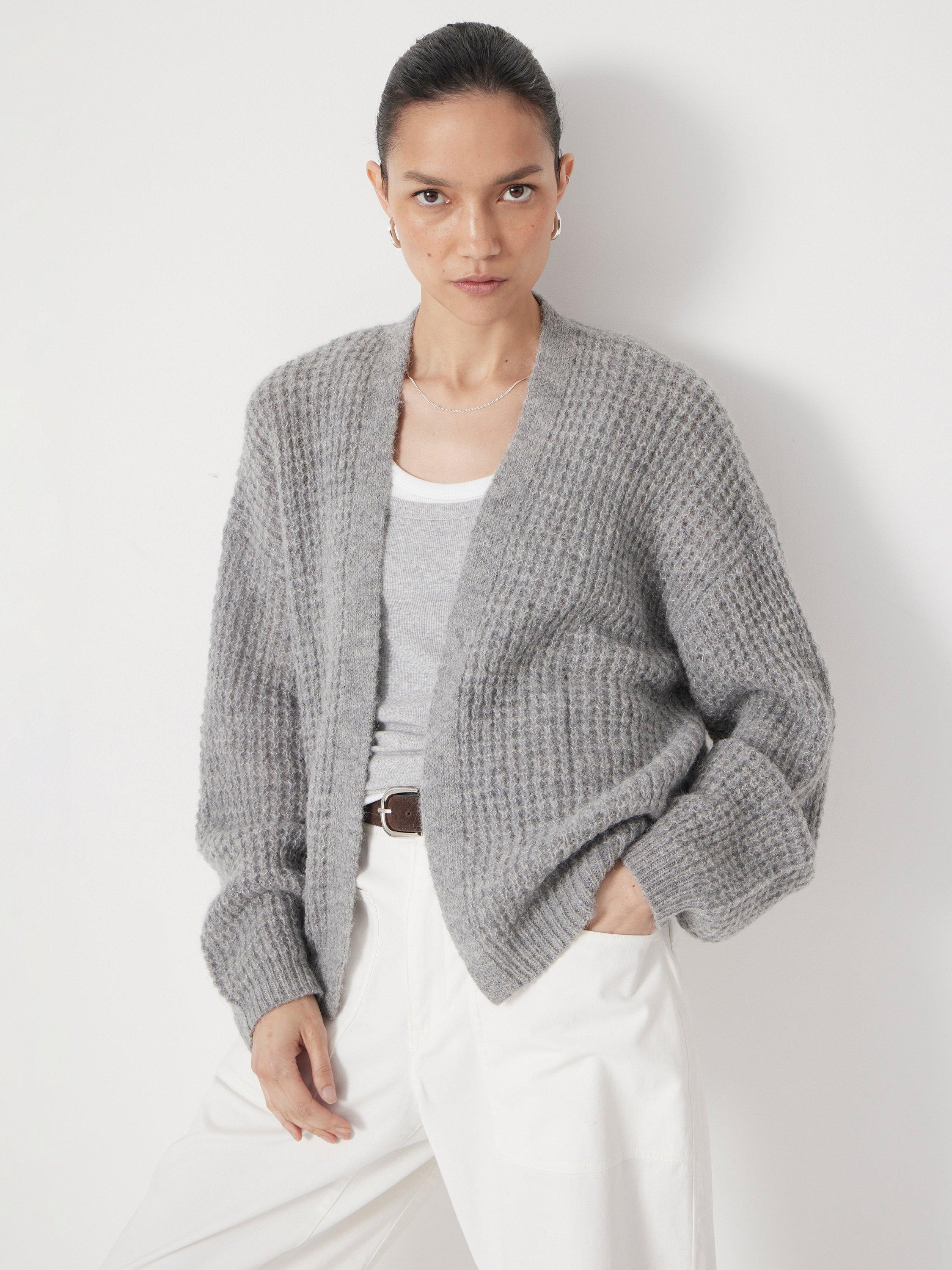 Product image 5 of 5, which shows HUSH Waffle Stitch Wool Blend Edge to Edge Cardigan, Light Grey Marl, L-XL