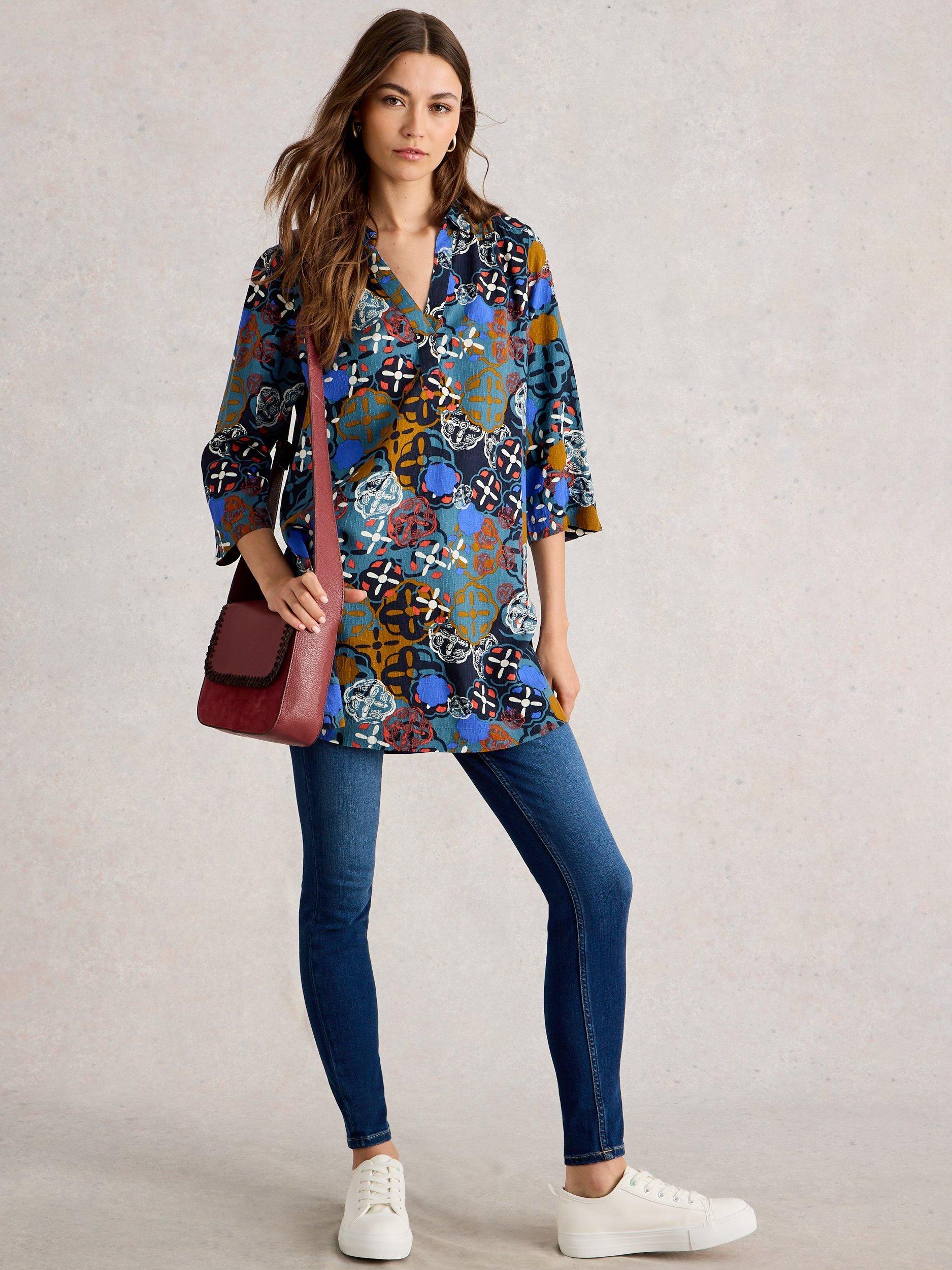 Product image 1 of 6, which shows White Stuff Blake Longline Geometric Print V-Neck Tunic Top, Multi, 6