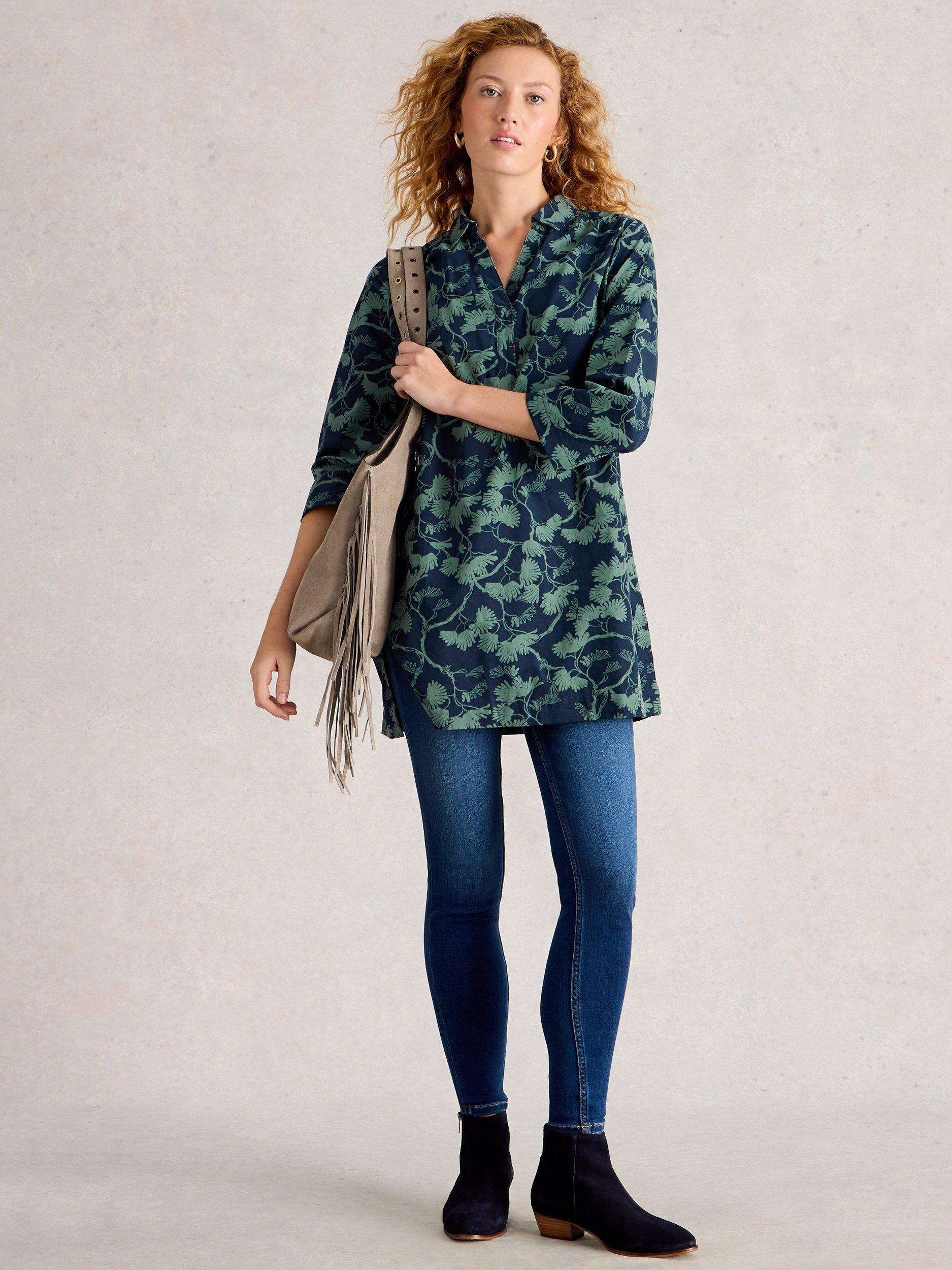 Product image 1 of 6, which shows White Stuff Blake Leaves Tunic Dress, Navy/Green, 6