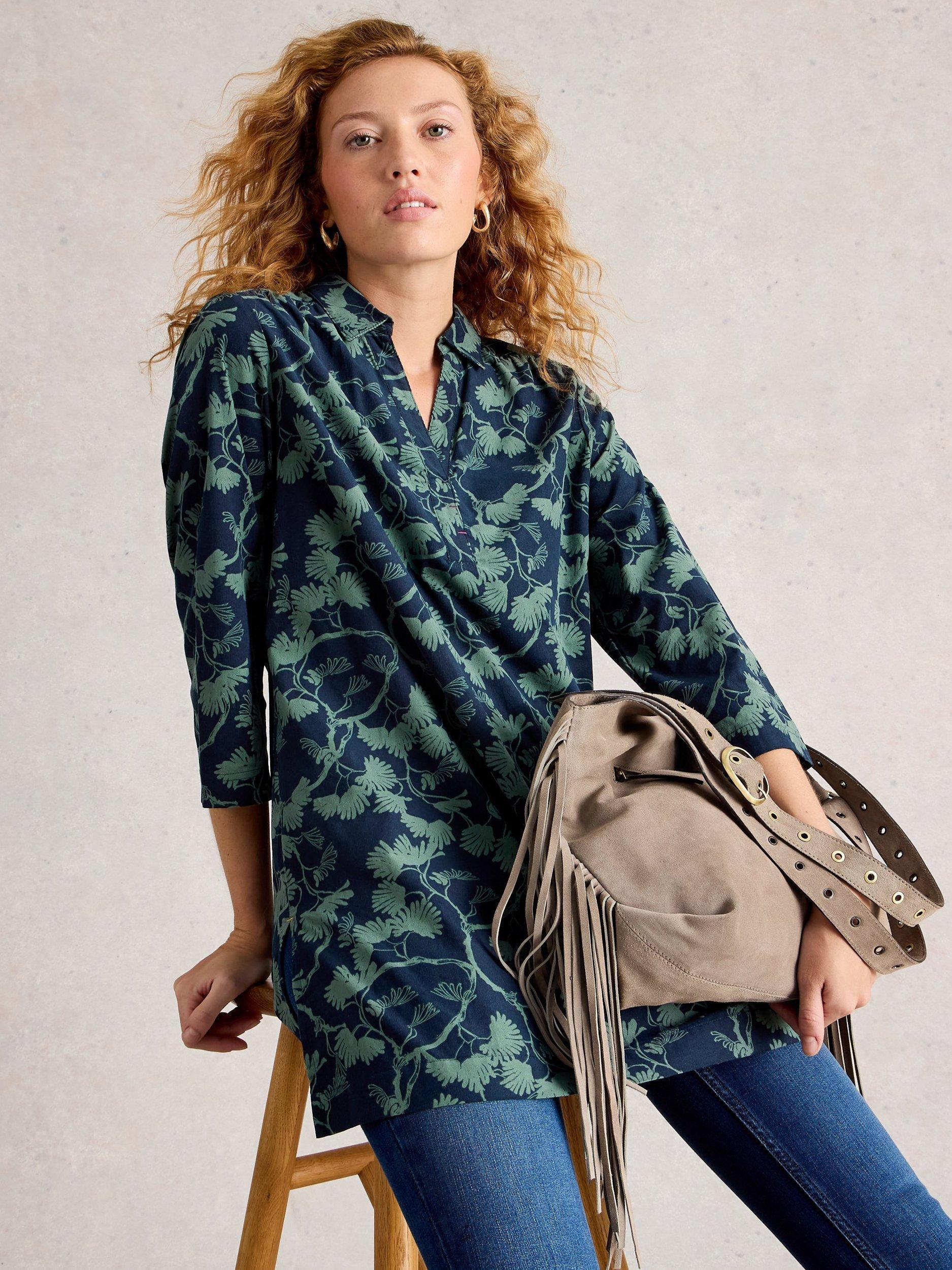 Product image 4 of 6, which shows White Stuff Blake Leaves Tunic Dress, Navy/Green, 6