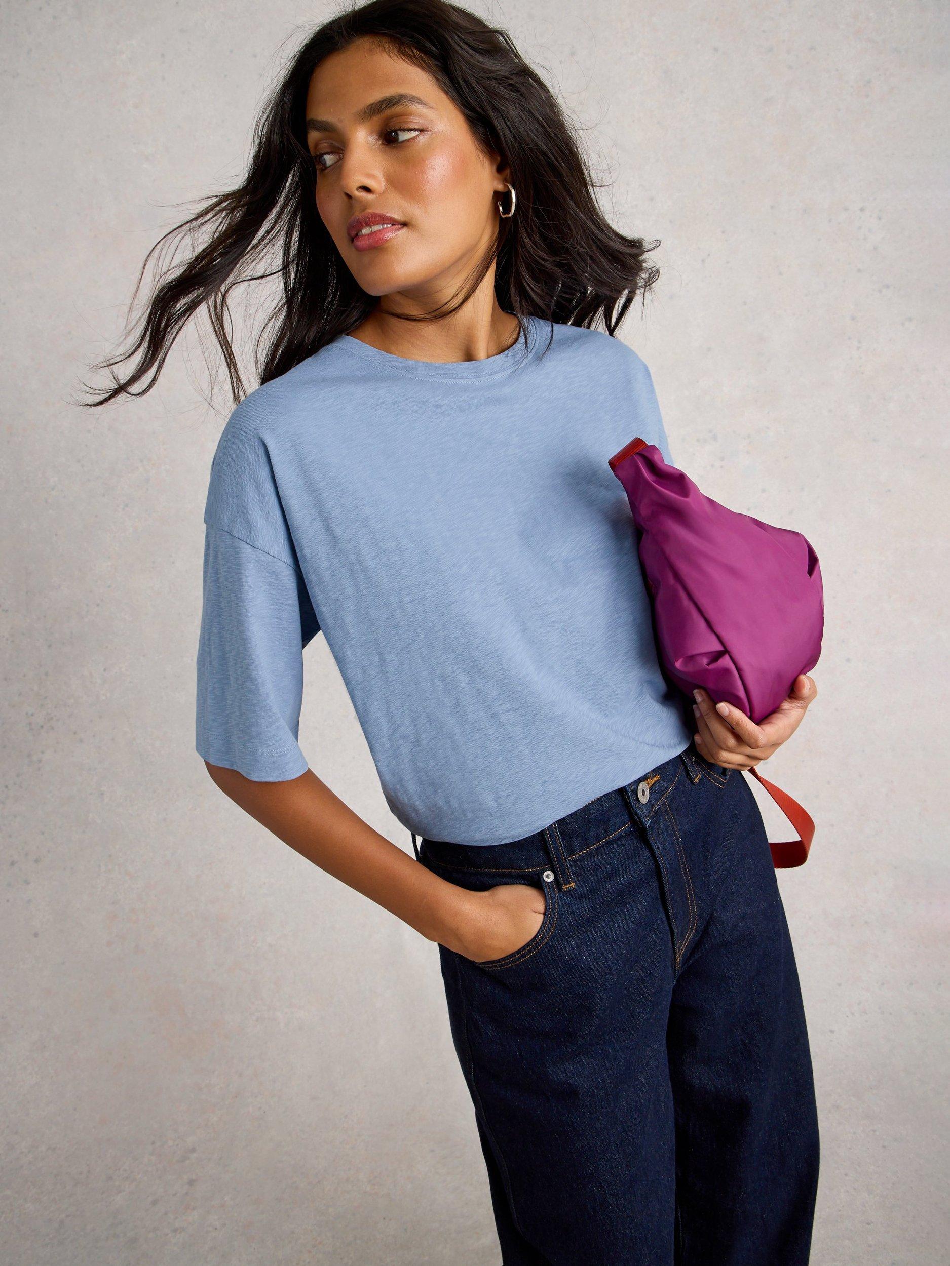 Product image 3 of 6, which shows White Stuff Katya Elbow Sleeve T-Shirt, Mid Blue, 6